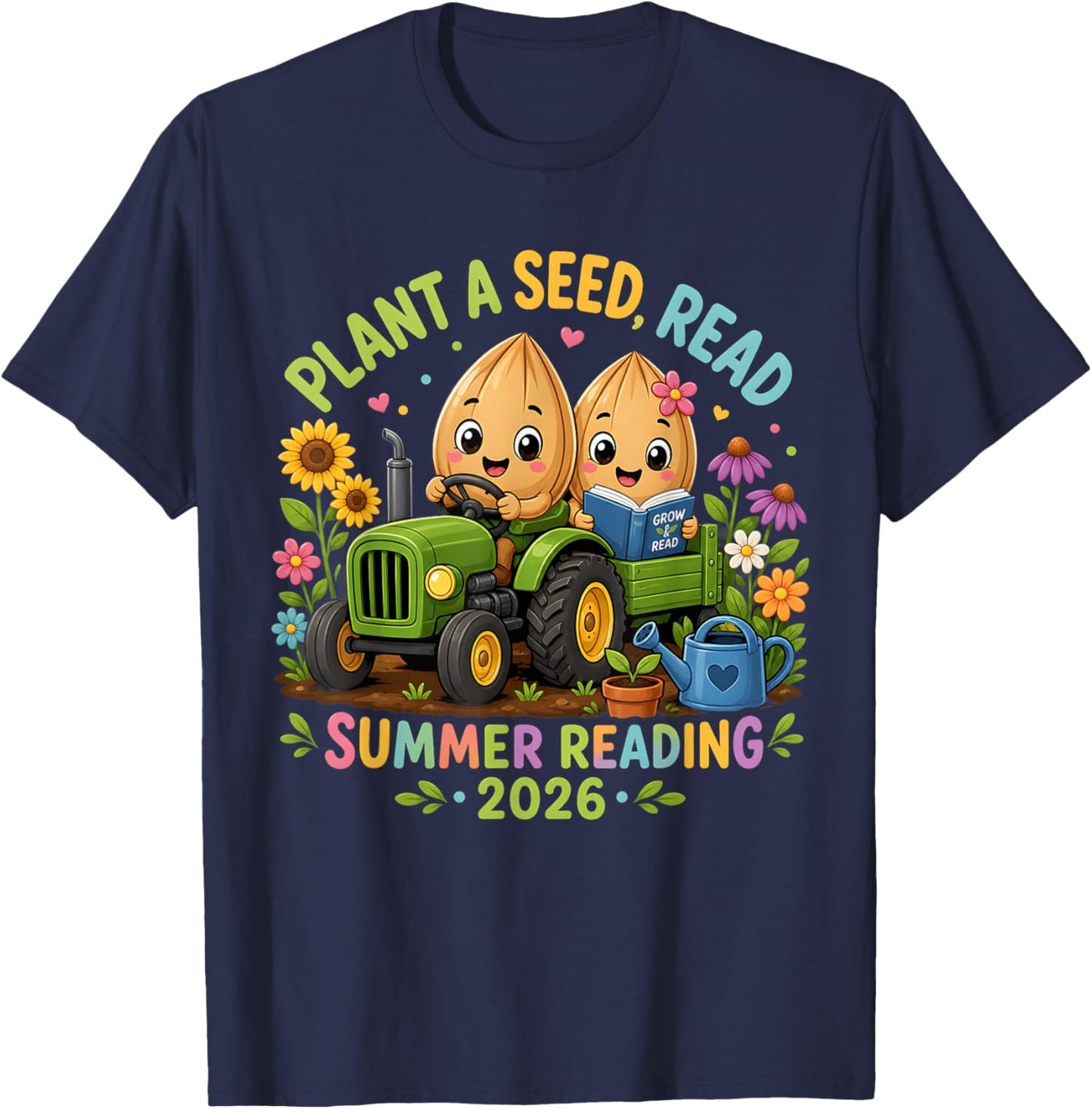 Plant A Seed Read 2026 Summer Reading Floral Farm Tractor T-Shirt - T-Shirt | Navy