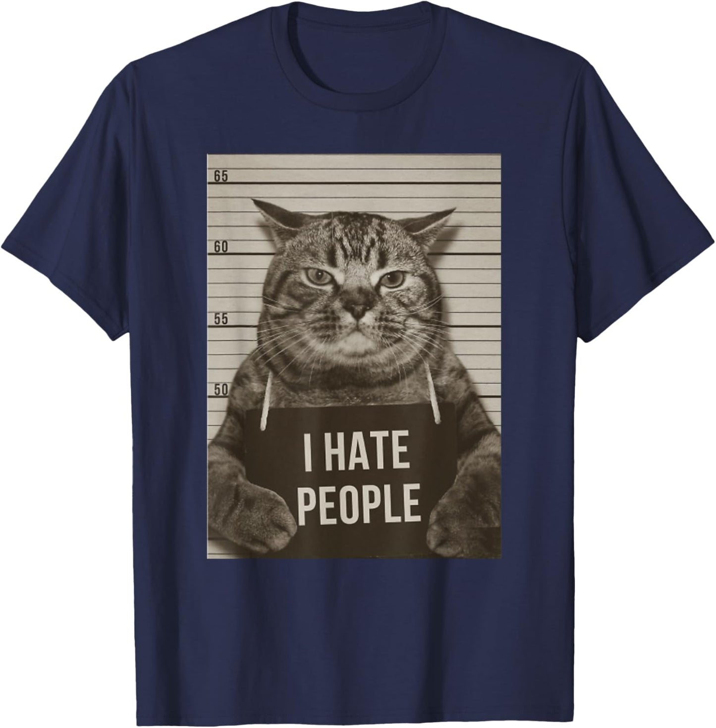 Funny Cat Police Mugshot I Hate People T-Shirt - T-Shirt | Navy