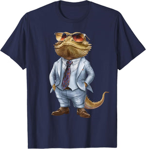 Men Woman Bearded Dragon In Suit Bearded Dragon T-Shirt - T-Shirt | Navy