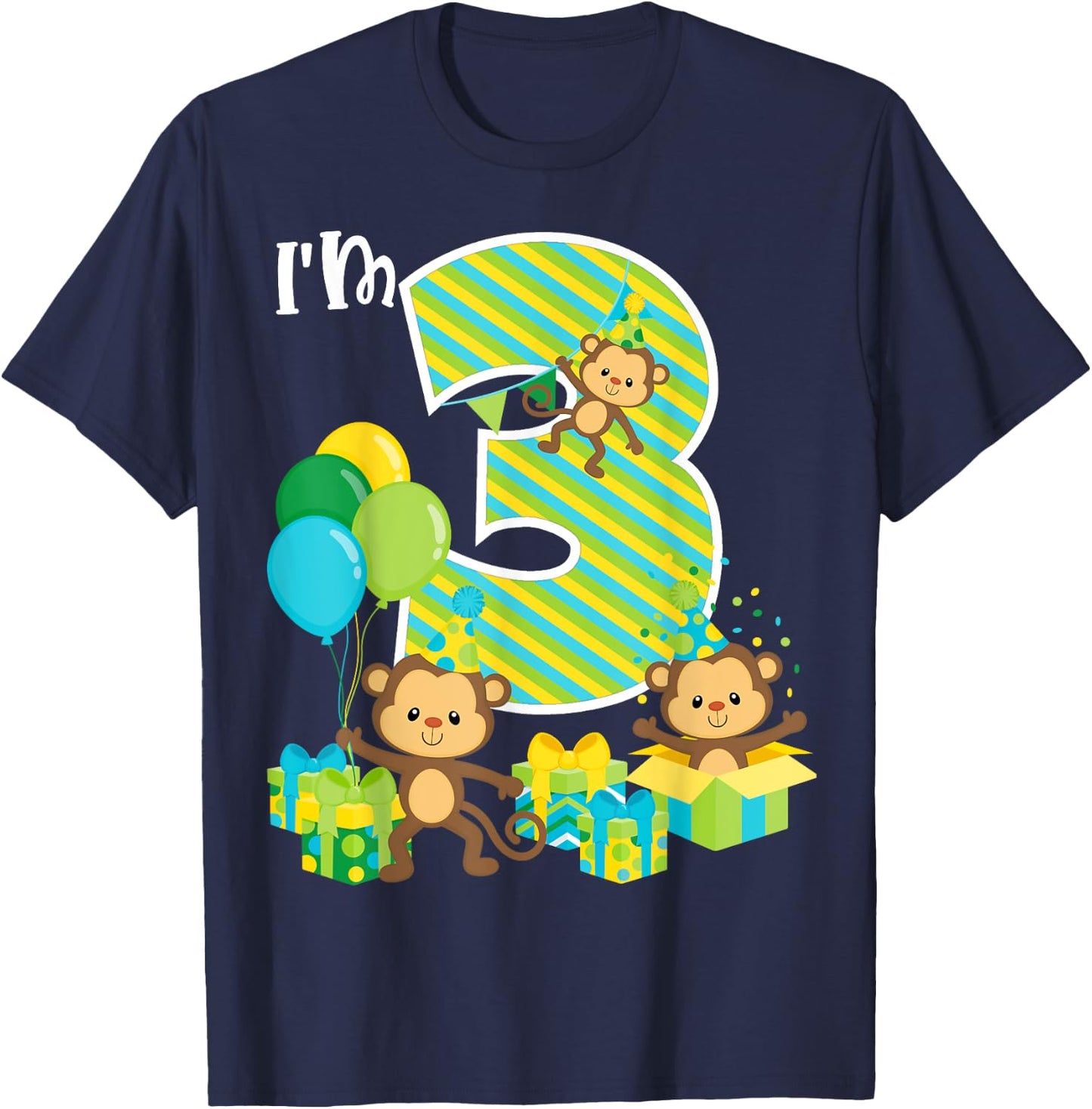 Birthday Monkey 3rd Birthday Party Three Yrs Old Kid Toddler T-Shirt - T-Shirt | Navy