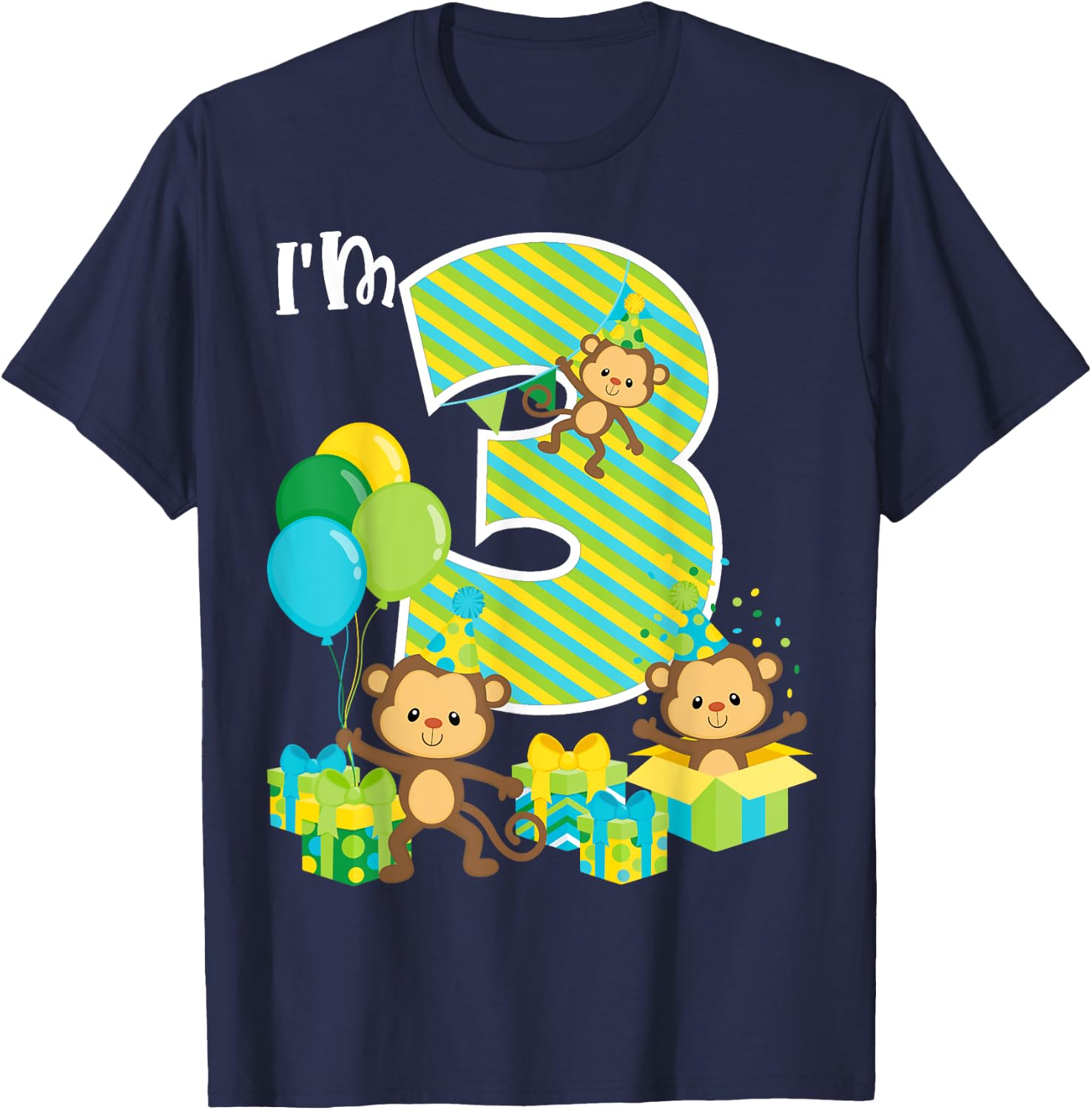 Birthday Monkey 3rd Birthday Party Three Yrs Old Kid Toddler T-Shirt - T-Shirt | Navy