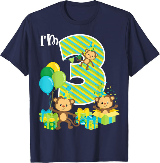 Birthday Monkey 3rd Birthday Party Three Yrs Old Kid Toddler T-Shirt - T-Shirt | Navy