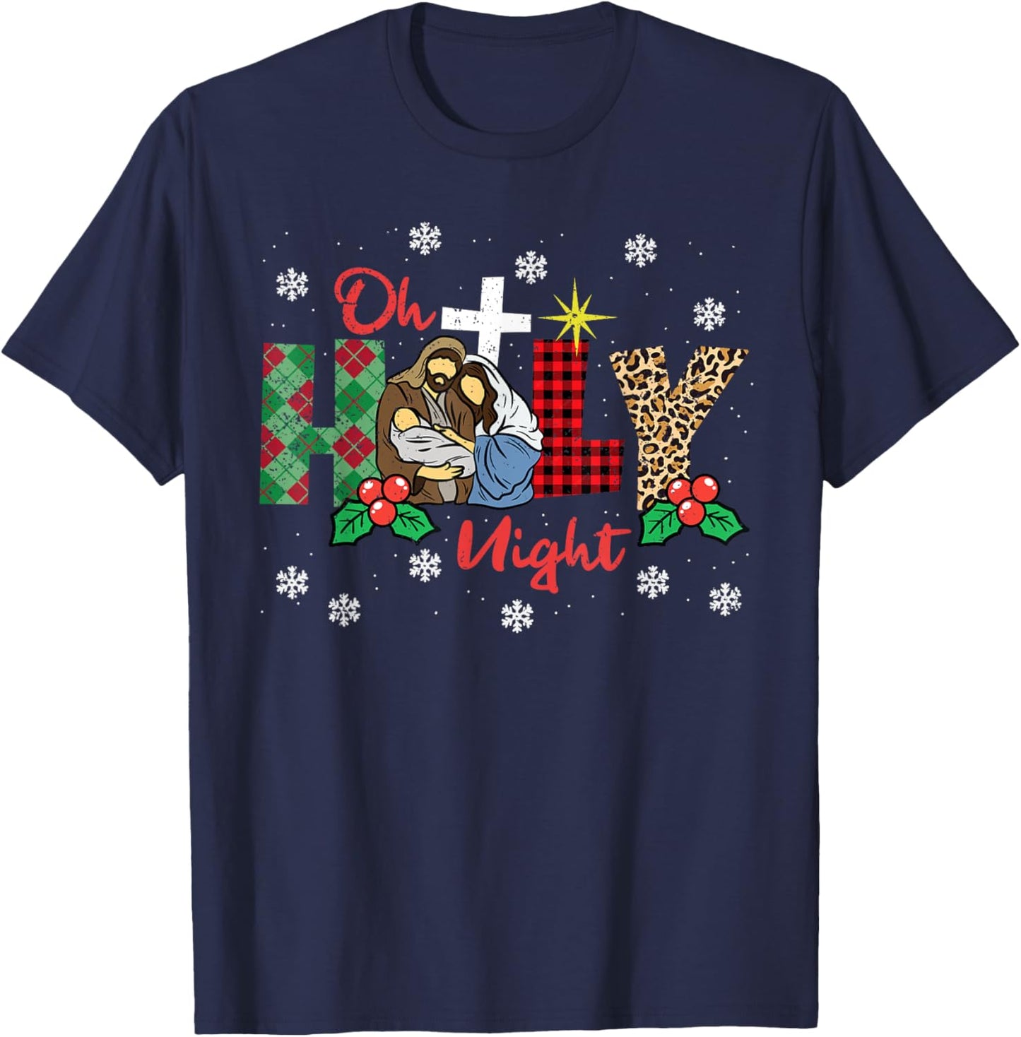 Oh Holy Night Christmas Pajama X-Mas Plaid Christian T-Shirt - T-Shirt | Navy