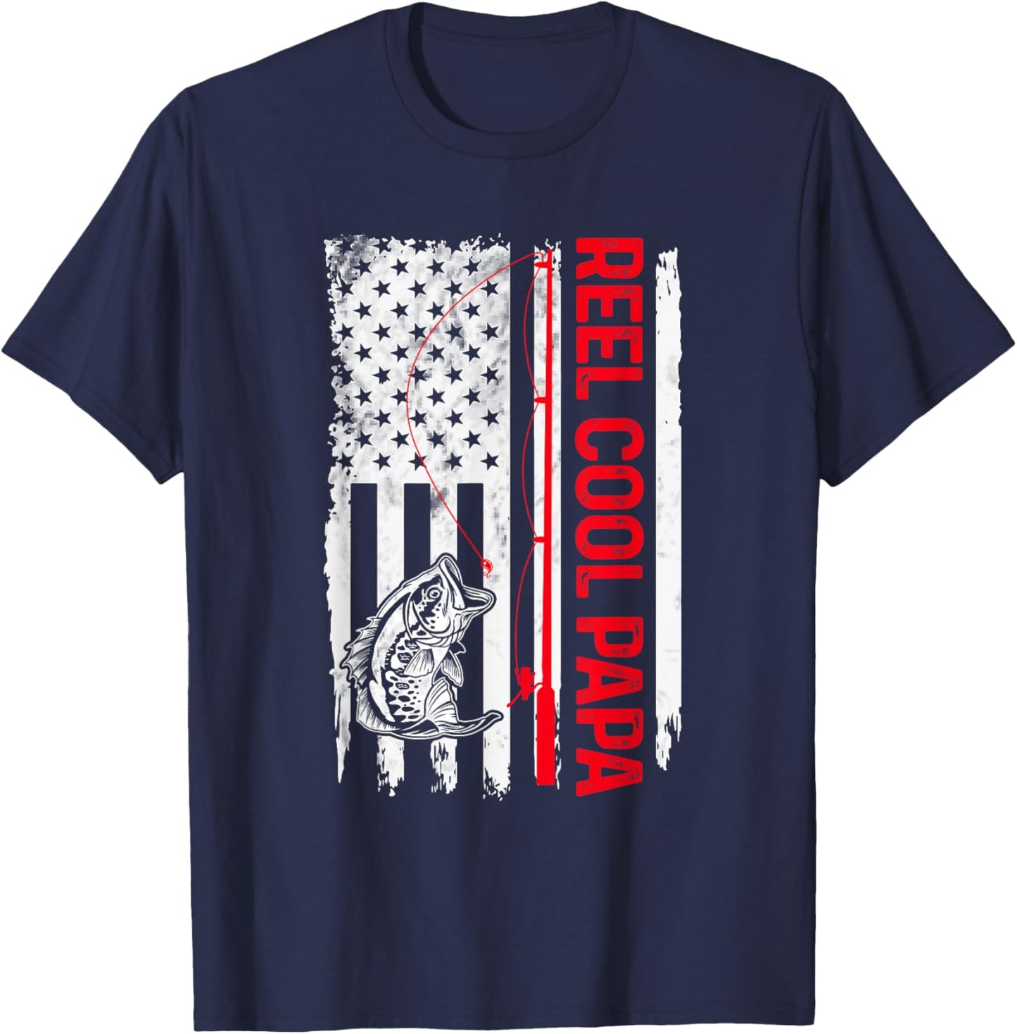 Reel Cool Papa Fishing American Flag Funny Grandpa T-Shirt - T-Shirt | Navy
