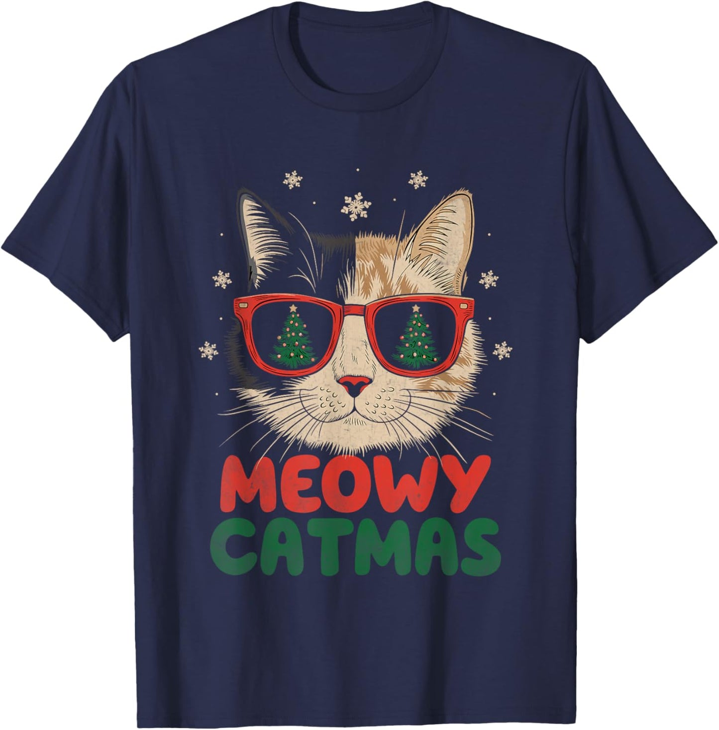Meowy Catmas Christmas Cat Lover Snowflakes X-mas Holiday Women Kids T-Shirt - T-Shirt | Navy