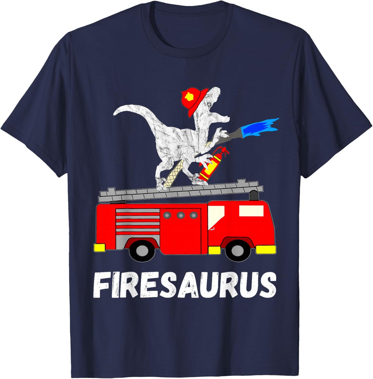 Fire Fighter Saurus Firetruck Fireman Dinosaur T Rex T-Shirt - T-Shirt | Navy