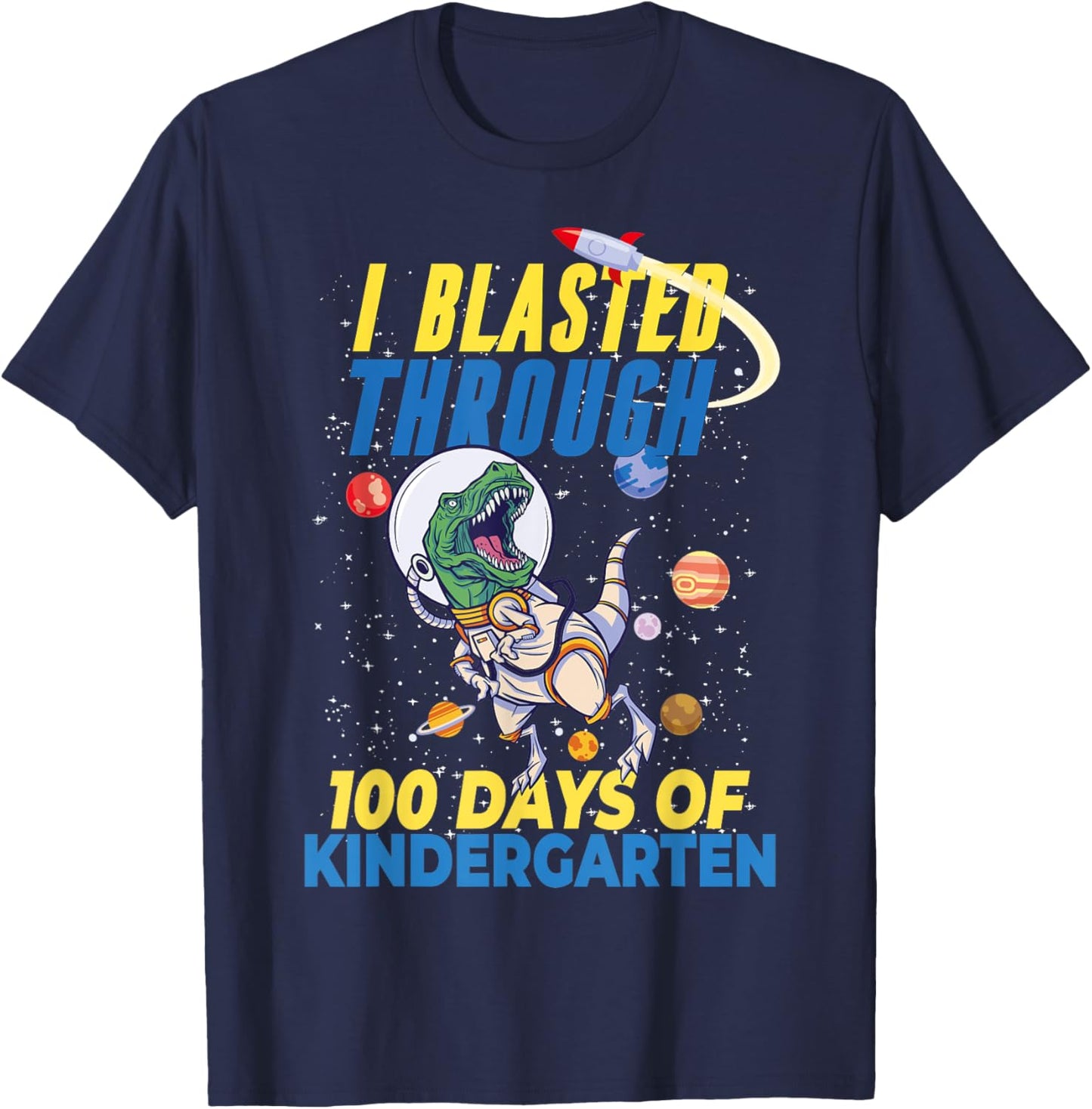 100 Days of Kindergarten Astronaut Dinosaur Kids Teachers T-Shirt - T-Shirt | Navy