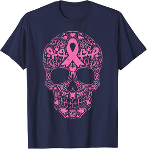 Sugar Skull Pink Ribbon Calavera Breast Cancer Awareness T-Shirt - T-Shirt | Navy