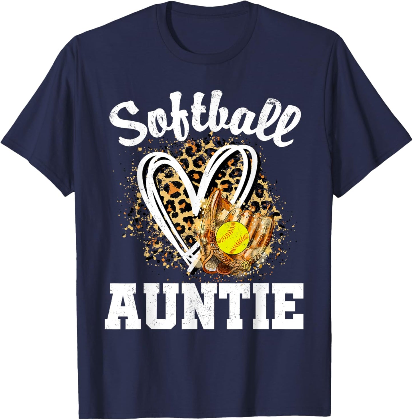 Softball Auntie Leopard Heart Matching Family T-Shirt - T-Shirt | Navy