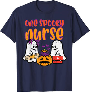 Ghosts One Spooky Nurse Halloween Nurse Fall Scrub RN Women T-Shirt - T-Shirt | Navy