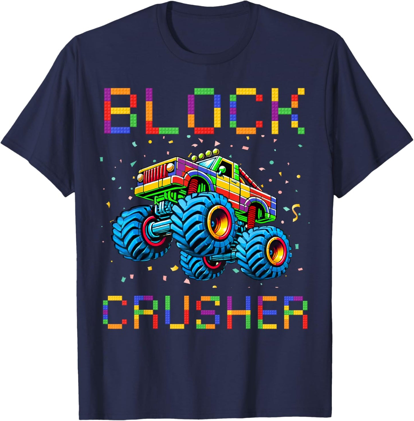 Block Builder Funny Building Block Bricks Monster Truck Kids T-Shirt - T-Shirt | Navy
