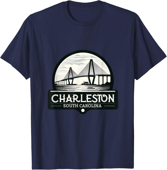 Charleston South Carolina Ravenel Bridge Skyline T-Shirt - T-Shirt | Navy