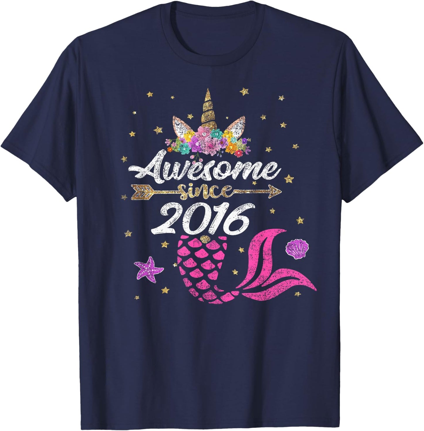 Unicorn Shirt Mermaid Birthday - Awesome Since 2016 Gift T-Shirt - T-Shirt | Navy