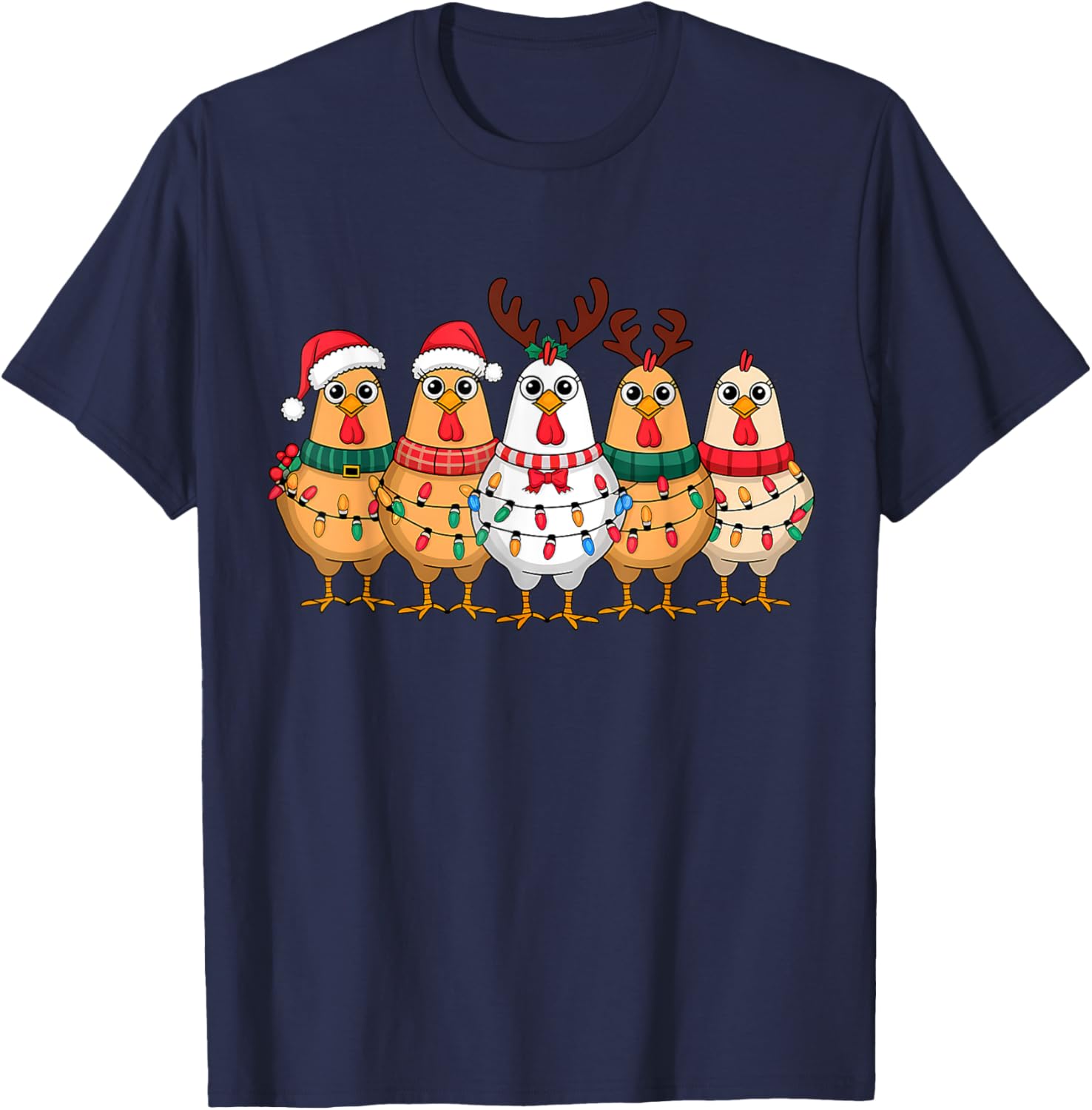 Funny Chicken Christmas Lights Farm Animal Cute Xmas Holiday T-Shirt - T-Shirt | Navy