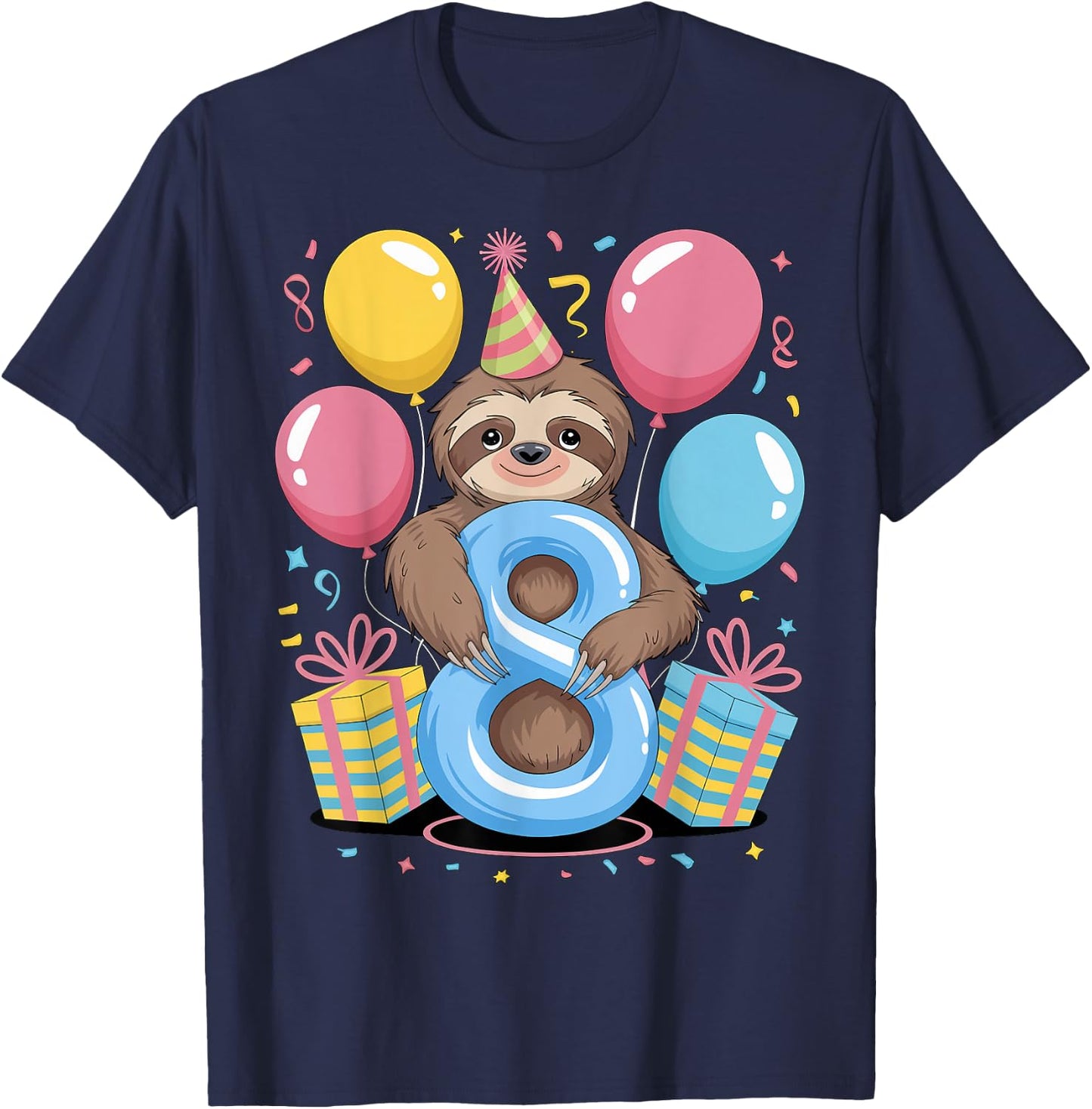 Sloth 8th birthday boy girl 8 years old eighth eight Sloth T-Shirt - T-Shirt | Navy