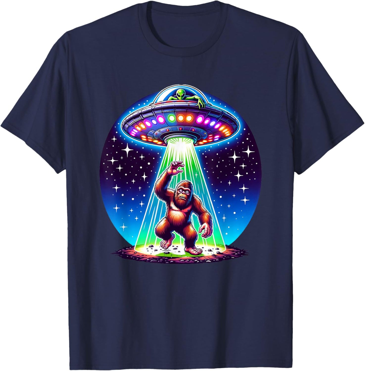 Bigfoot Sasquatch Abduction Alien Invasion UFO Spaceship T-Shirt - T-Shirt | Navy