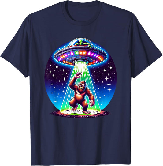 Bigfoot Sasquatch Abduction Alien Invasion UFO Spaceship T-Shirt - T-Shirt | Navy