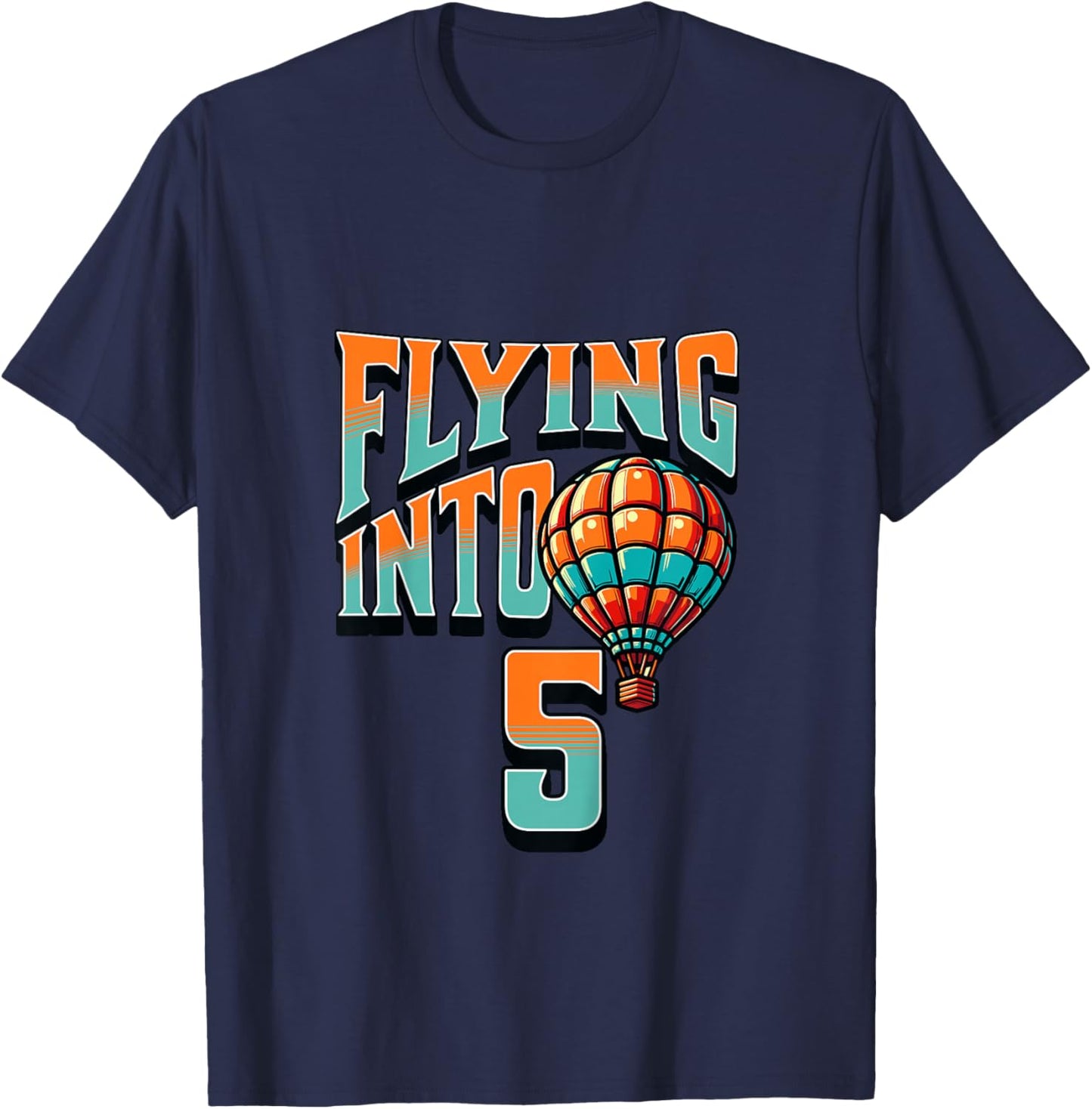 Kids Hot Air Balloon Flying Into 5 Year Old 5th Birthday Boy T-Shirt - T-Shirt | Navy