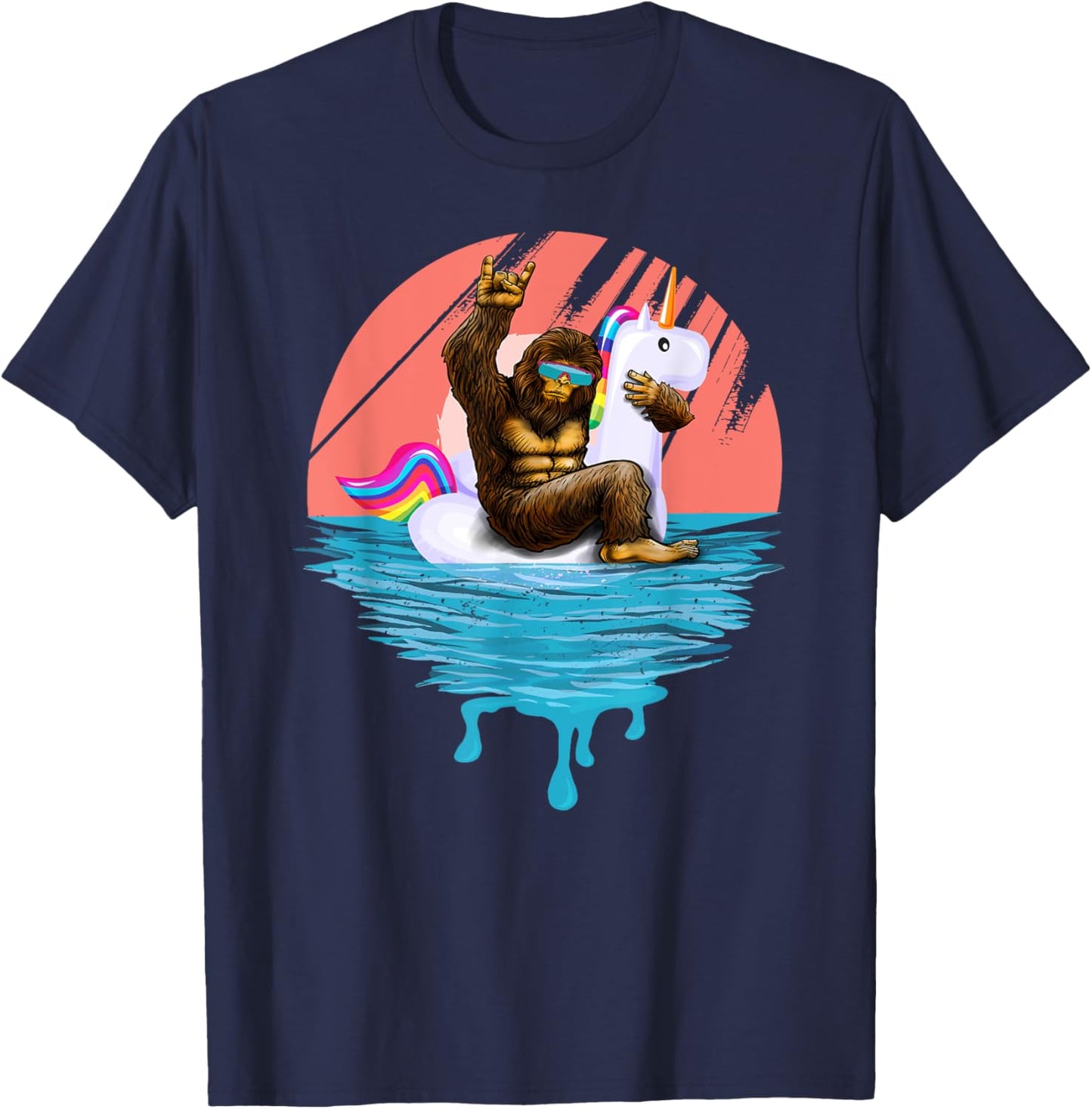 Sasquatch Riding Unicorn Floaty Pool Party Outfit Bigfoot T-Shirt - T-Shirt | Navy