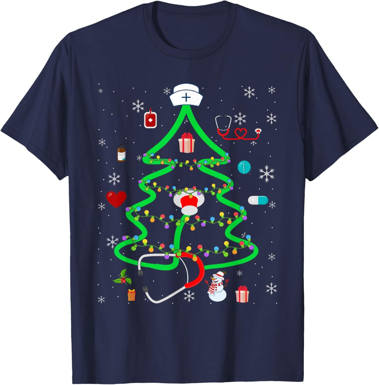 Christmas Nurse Stethoscope Christmas Tree RN Nursing T-Shirt - T-Shirt | Navy