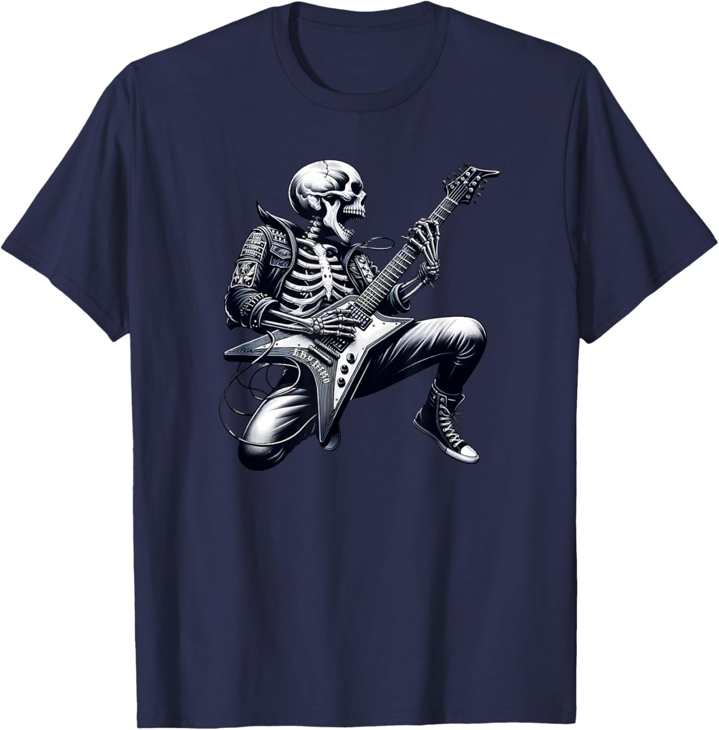 Skeleton Playing Guitar Rock n Roll Graphic Skeleton T-Shirt - T-Shirt | Navy