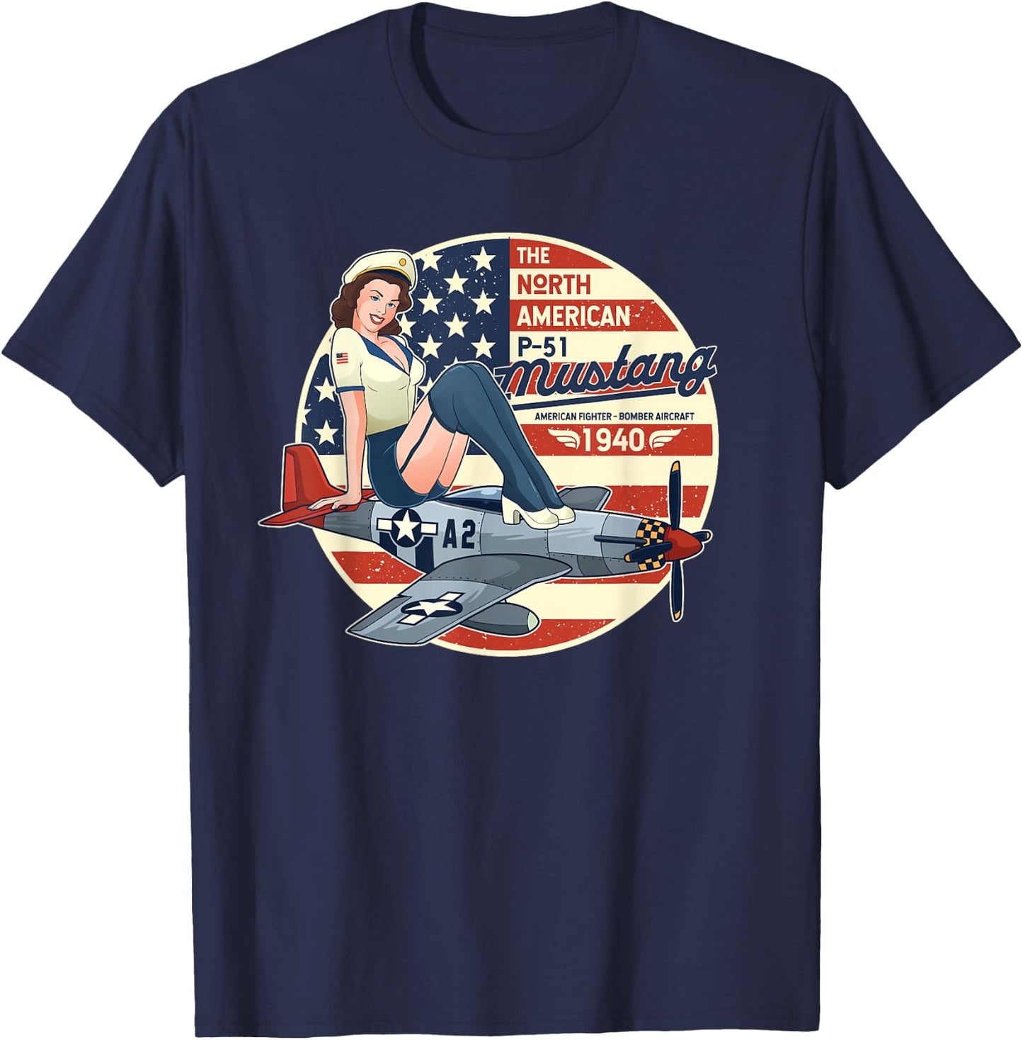 P51 Mustang T Shirt Airplane Shirts WWII Shirt Pinup T-Shirt - T-Shirt | Navy
