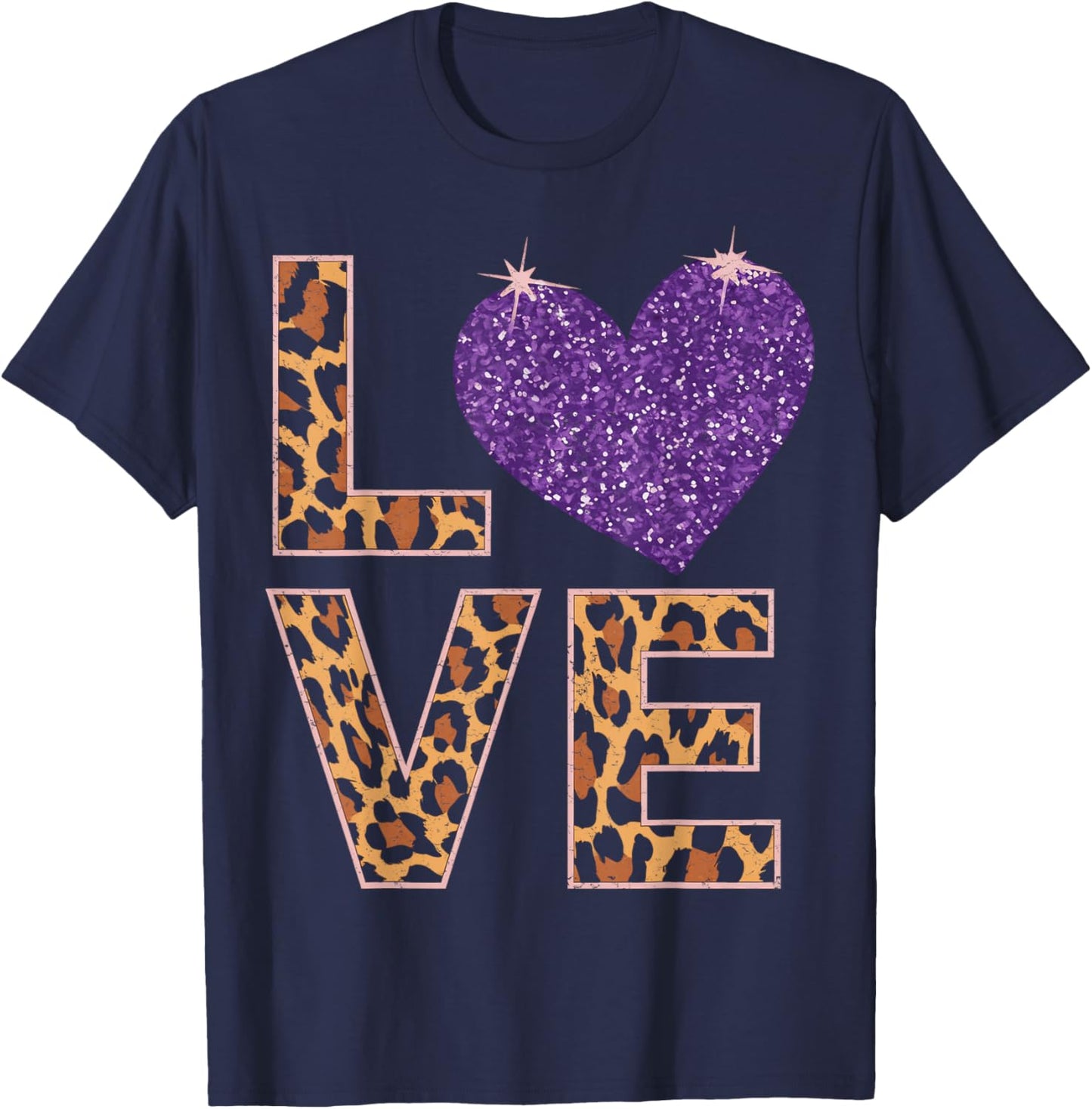 Love Leopard Purple Heart Valentine's Day Women Girls T-Shirt - T-Shirt | Navy