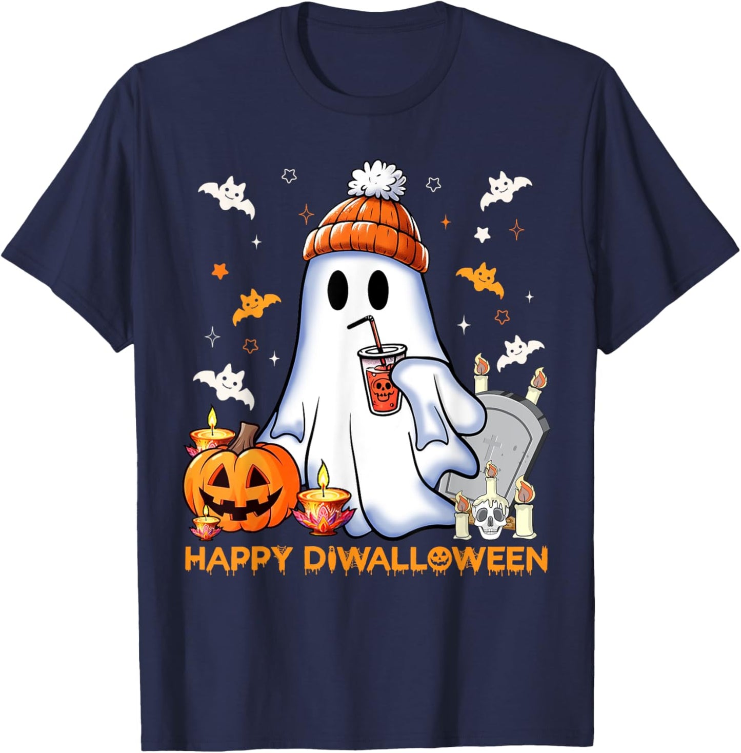 Happy Diwalloween Diwali Halloween Costume Adult Black Small Short Sleeve Modern Mandarin Collar Cartoon Applique Diwali Halloween Fusion T-Shirt - T-Shirt | Navy