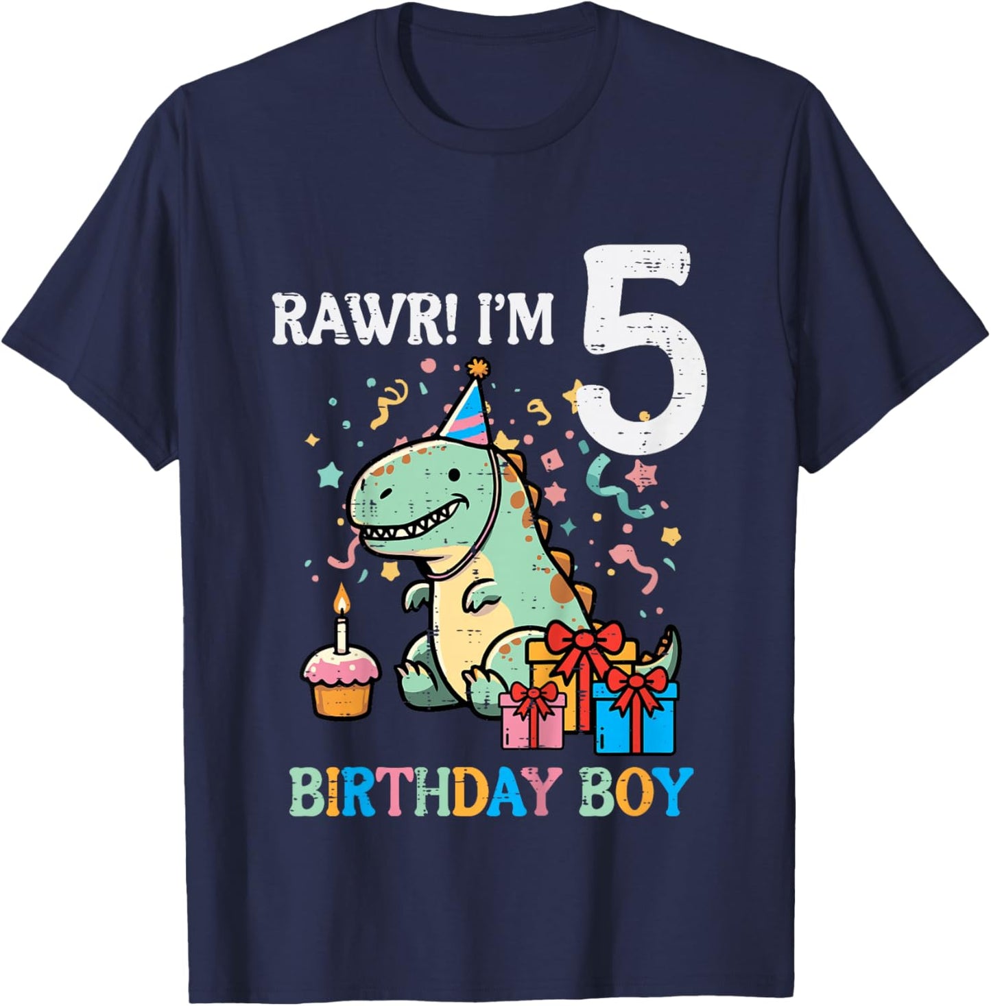 Kids Rawr Im 5 Dinosaur Birthday Boy Cute 5th Bday Trex Boys Kids T-Shirt - T-Shirt | Navy