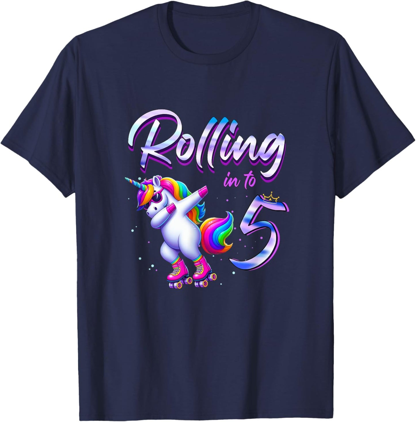 Rolling into 5 Roller Skating Unicorn 5th Birthday Party T-Shirt - T-Shirt | Navy