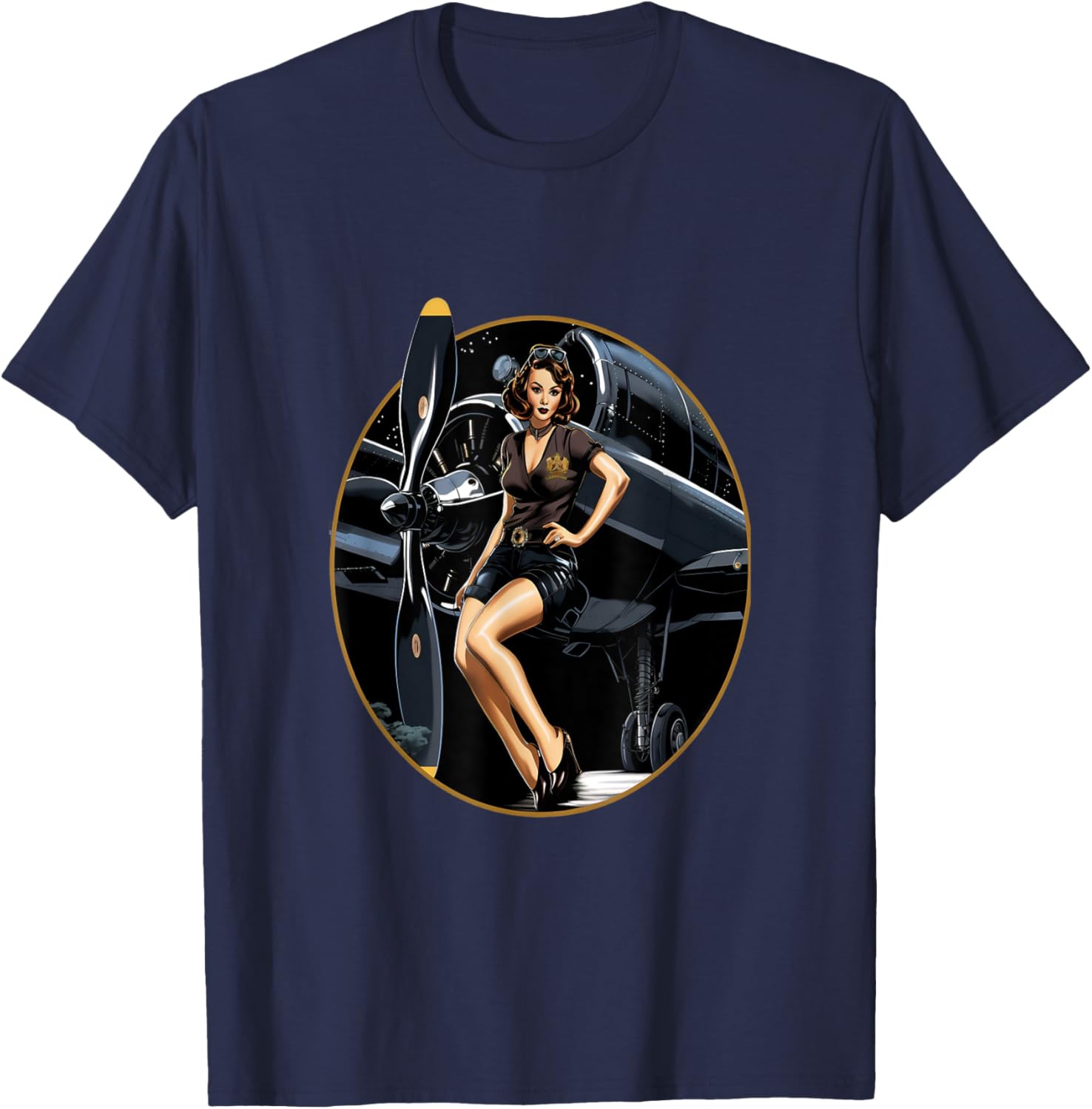 Pinup Girl Warbird Military Aircraft Aviation T-Shirt - T-Shirt | Navy