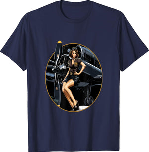 Pinup Girl Warbird Military Aircraft Aviation T-Shirt - T-Shirt | Navy