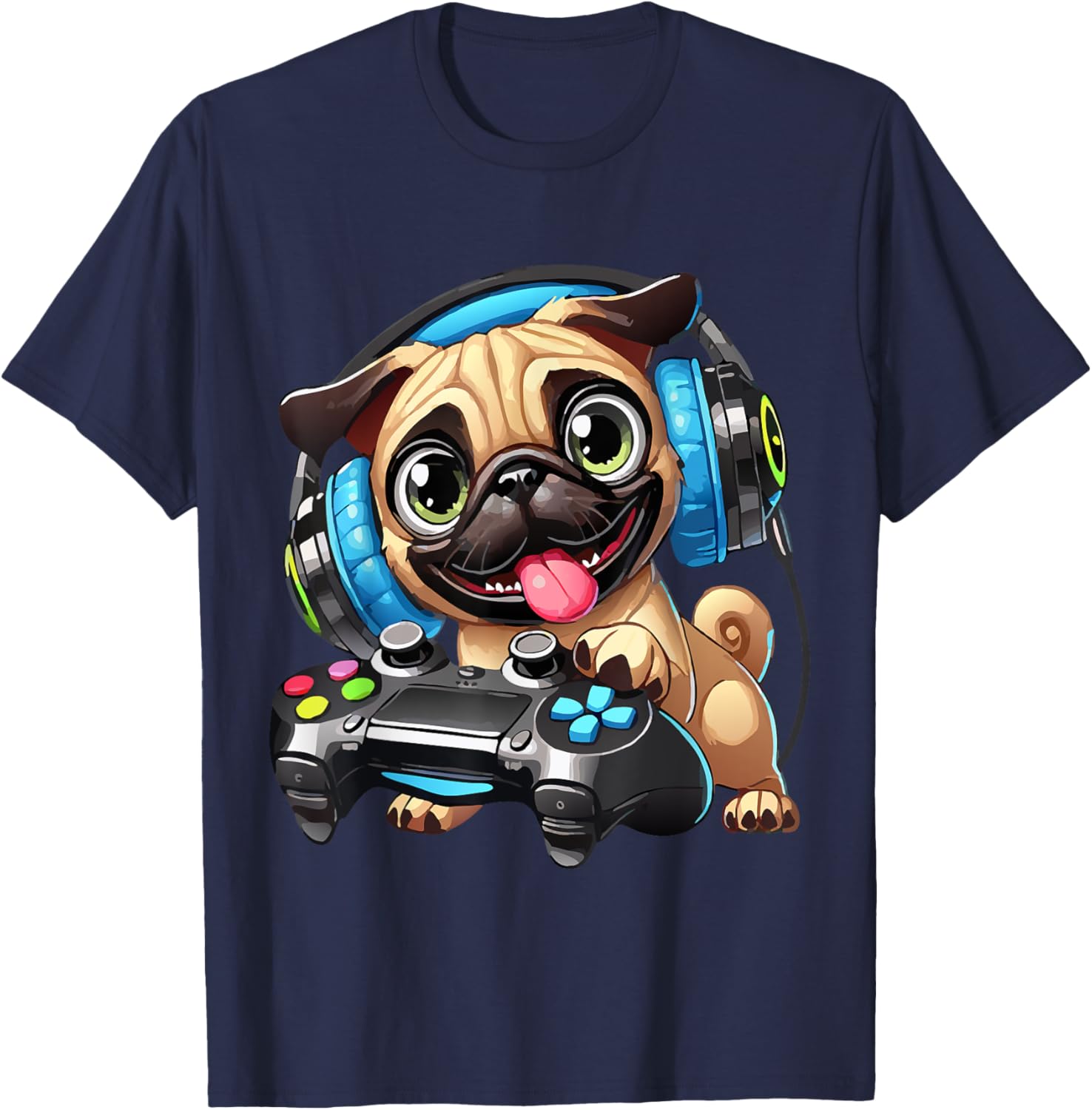 Funny Pug Cute Dog Puppy Playing Gamer Pugs Gaming Lover T-Shirt - T-Shirt | Navy