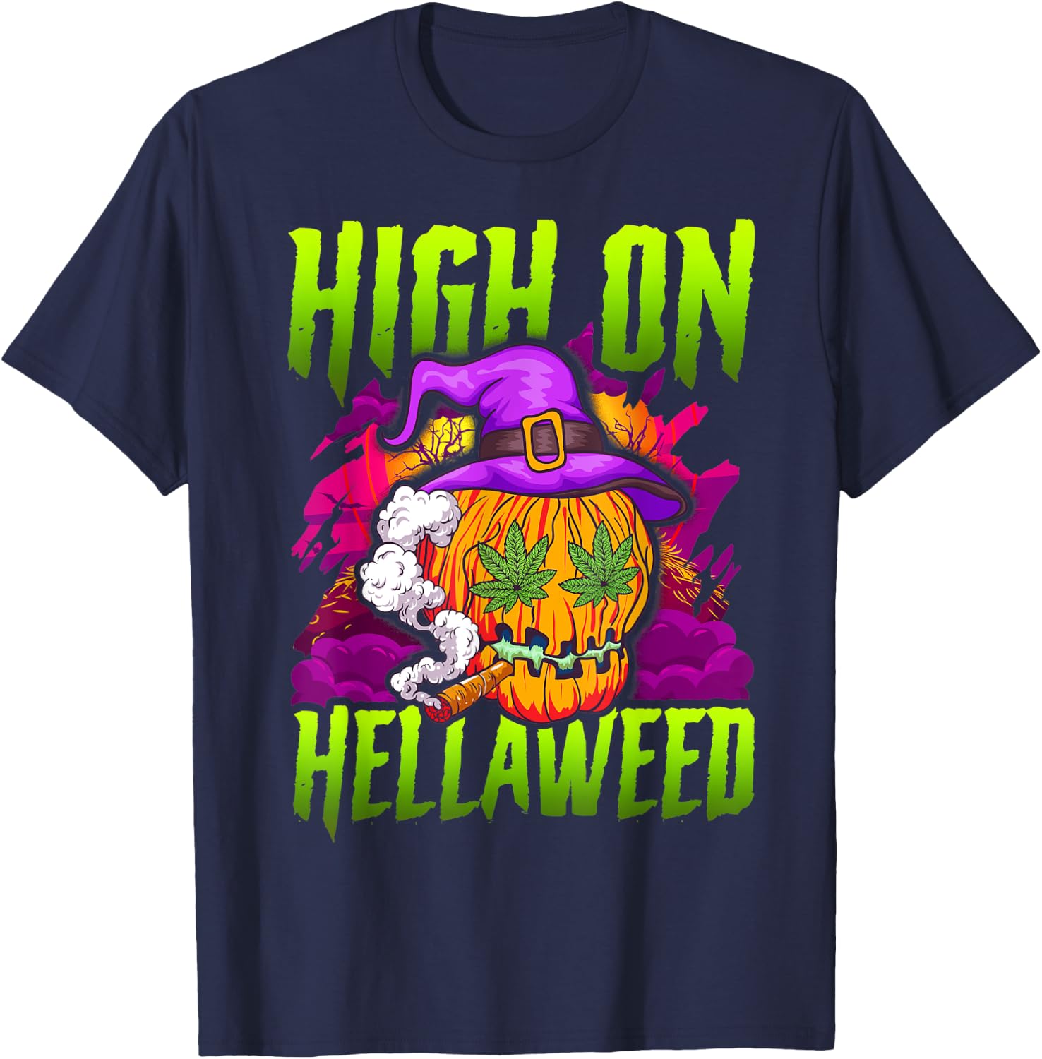 Halloween Pumpkin Stoner Weed Joint Smoking T-Shirt - T-Shirt | Navy