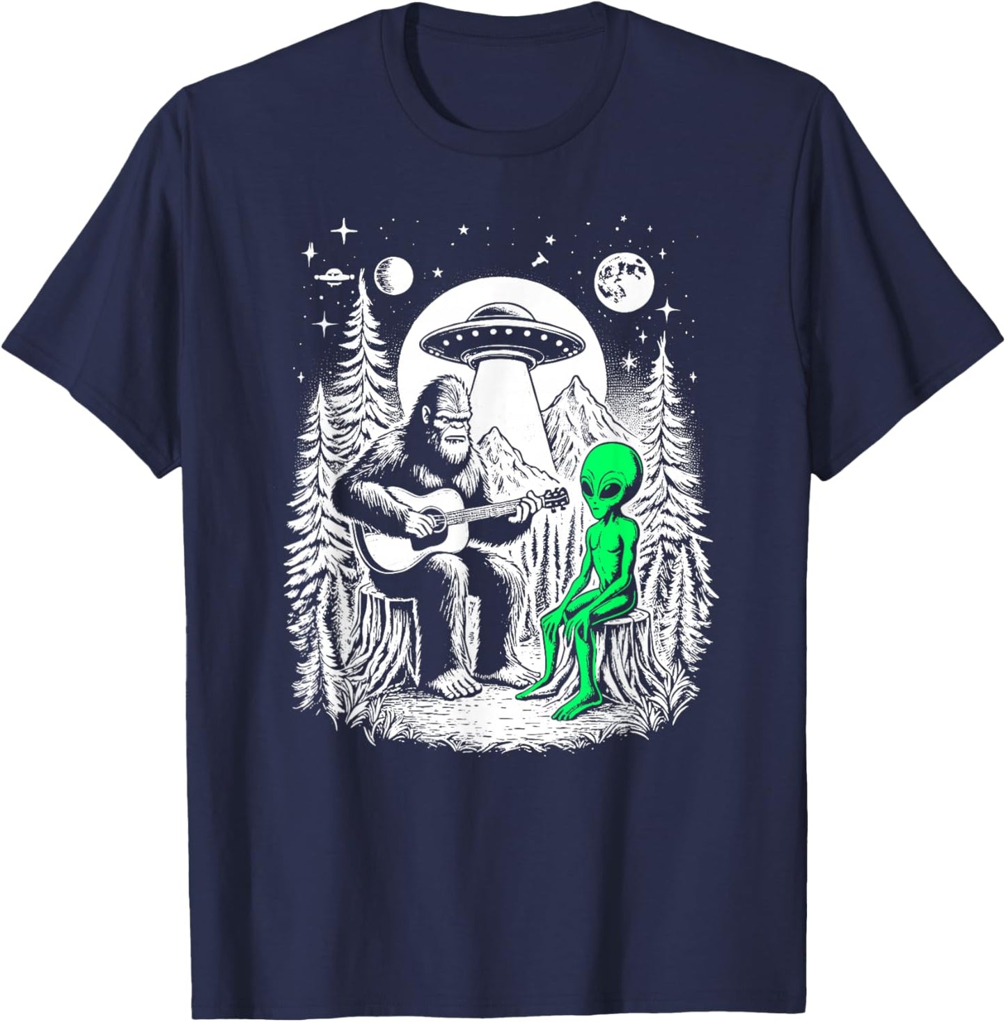 Bigfoot Plays Guitar Sasquatch Camping Big Foot UFO Alien T-Shirt - T-Shirt | Navy