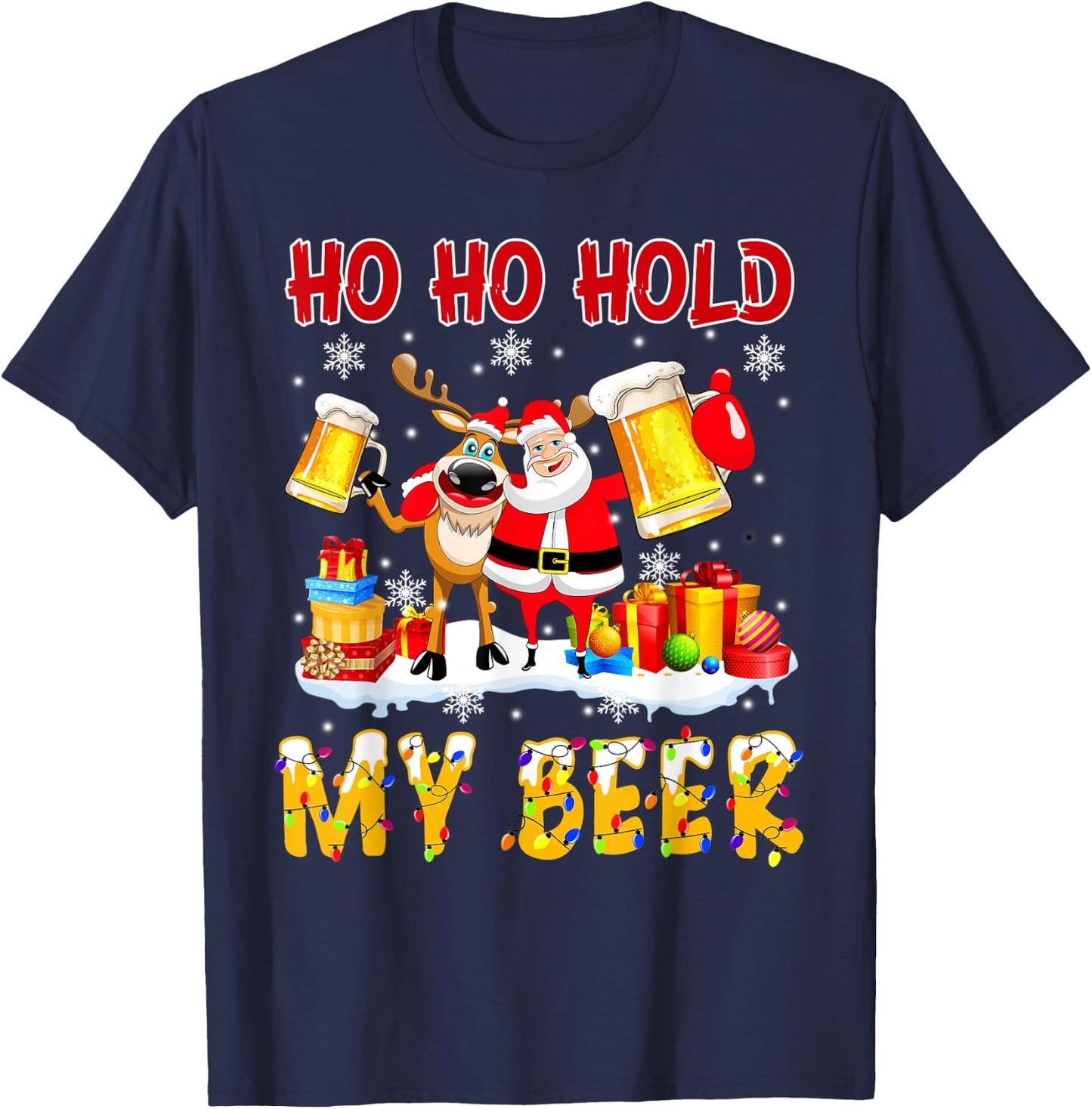 Ho Ho Hold My Beer Santa & Reindeer Beer Bestie T-Shirt - T-Shirt | Navy