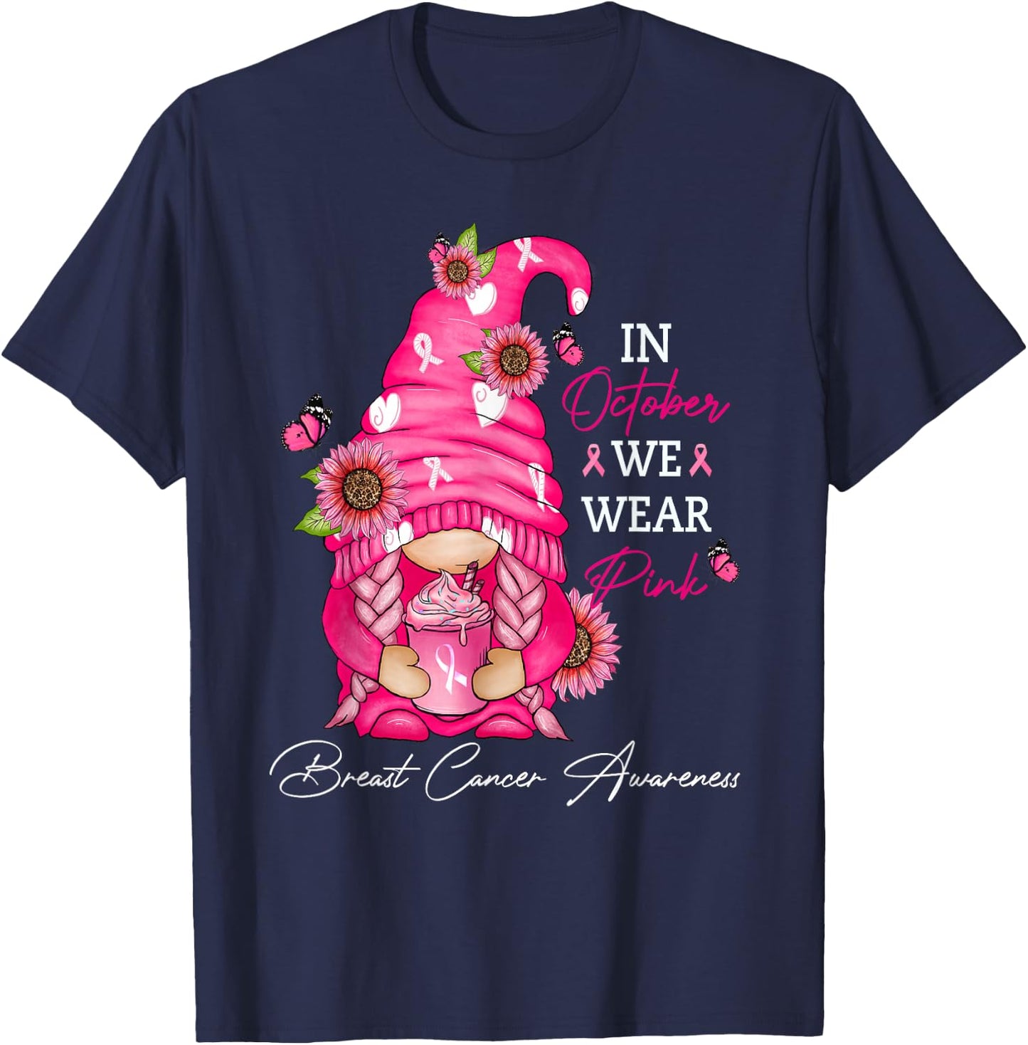In October We Wear Pink Ribbon Breast Cancer Funny Gnome T-Shirt - T-Shirt | Navy