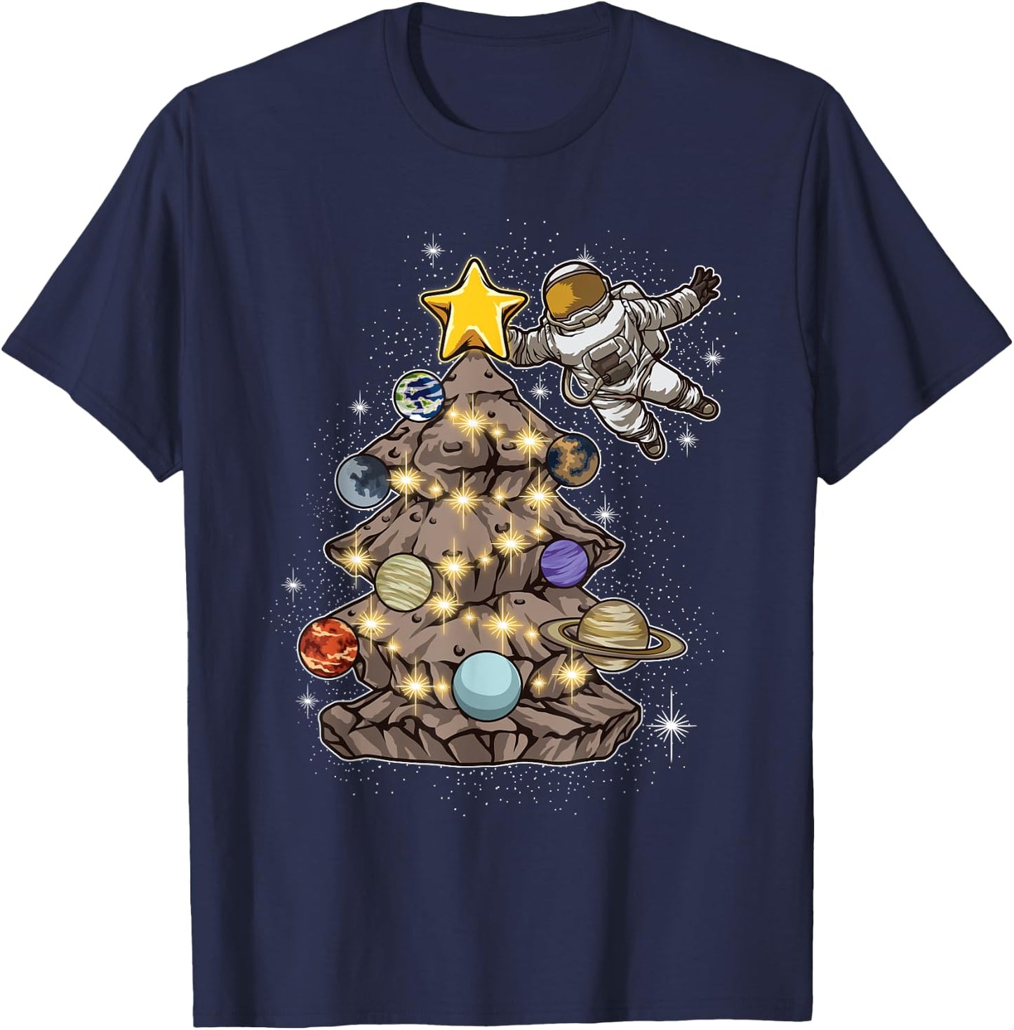 Astronaut Decorates A Christmas Tree In Space - Xmas Gift T-Shirt - T-Shirt | Navy