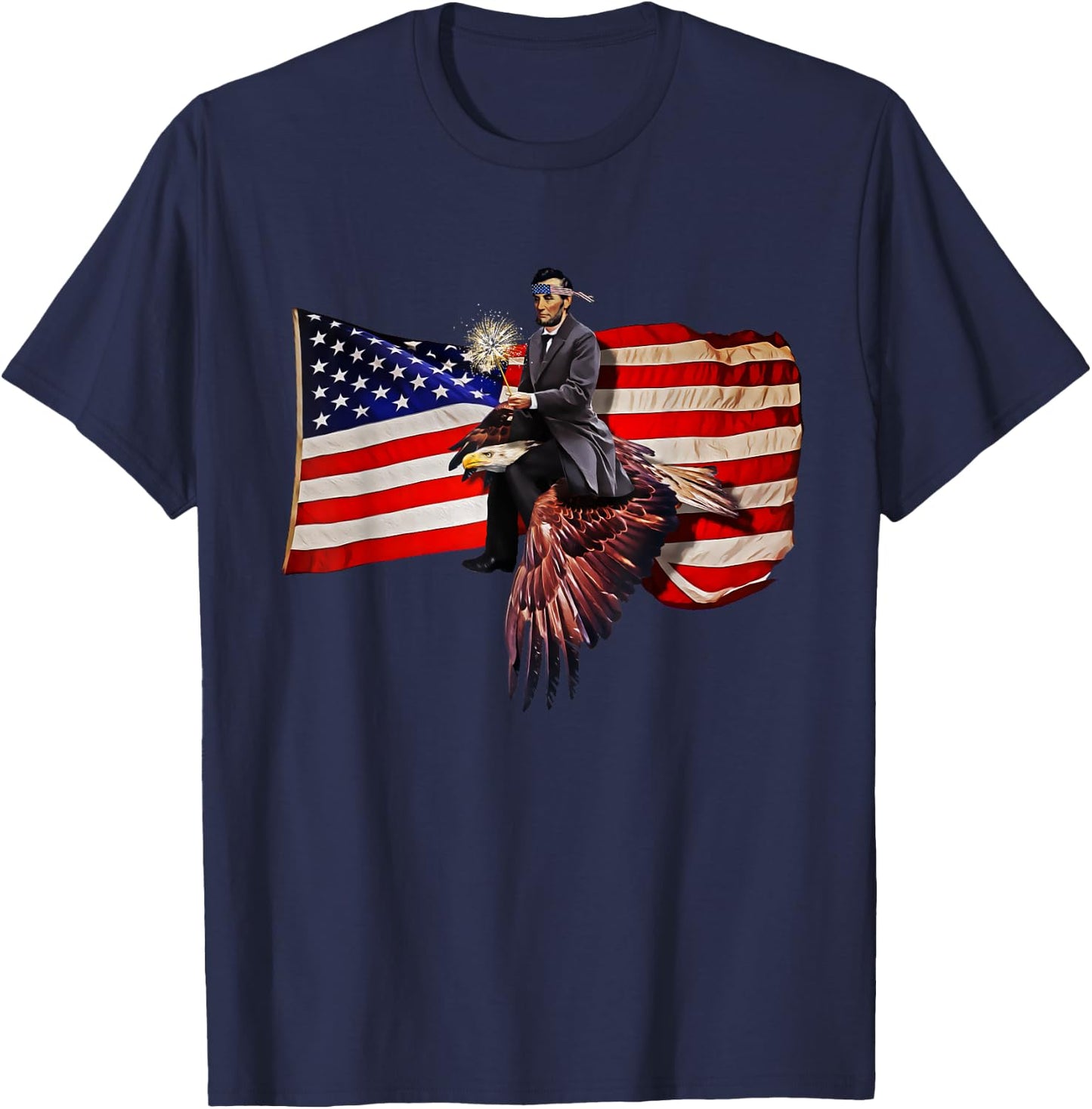 Abe Lincoln Riding Eagle Funny July 4th American Flag T-Shirt - T-Shirt | Navy