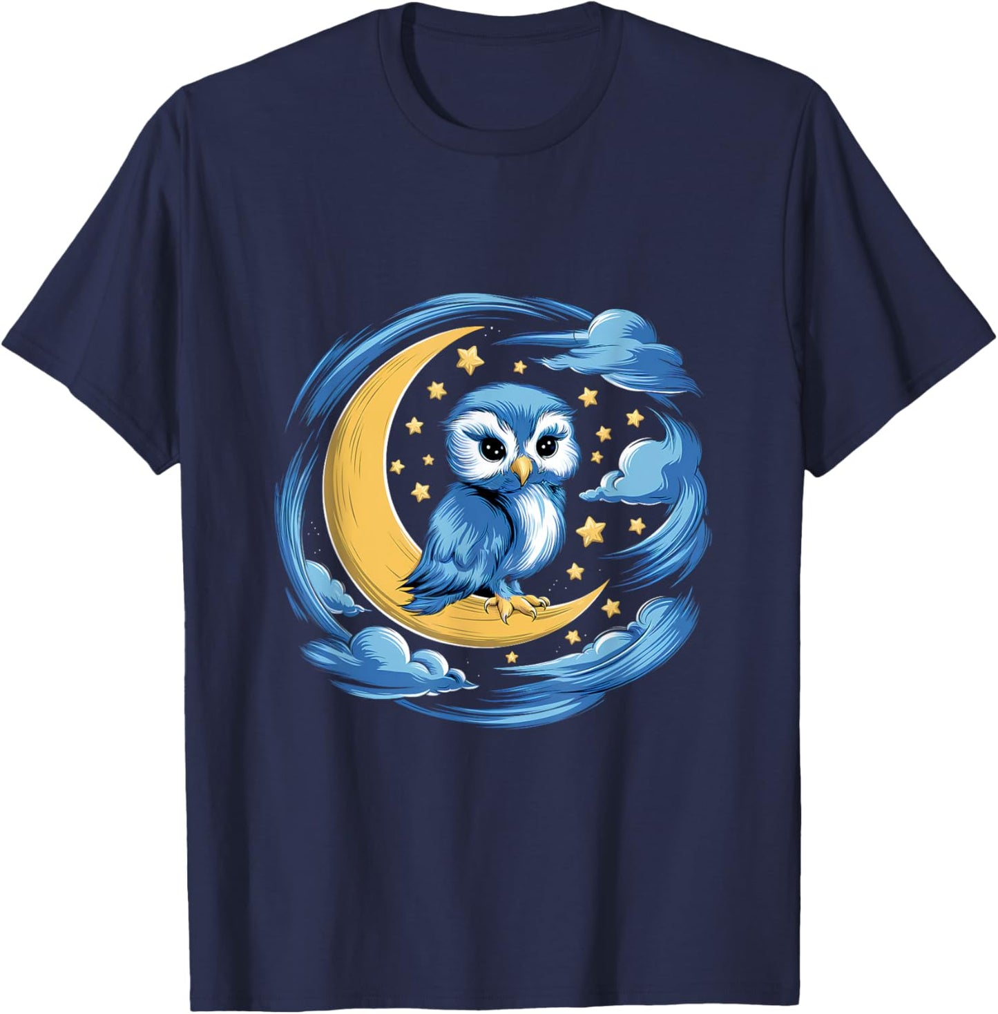 Lovely Owl Sitting On Crescent Moon With Stars T-Shirt - T-Shirt | Navy