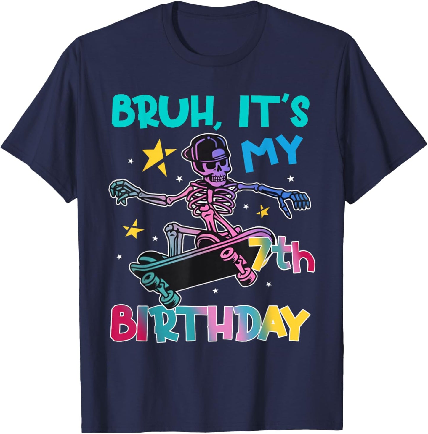 7th Birthday Skeleton Skateboard Skater Boys Kids 7 Year Old T-Shirt - T-Shirt | Navy