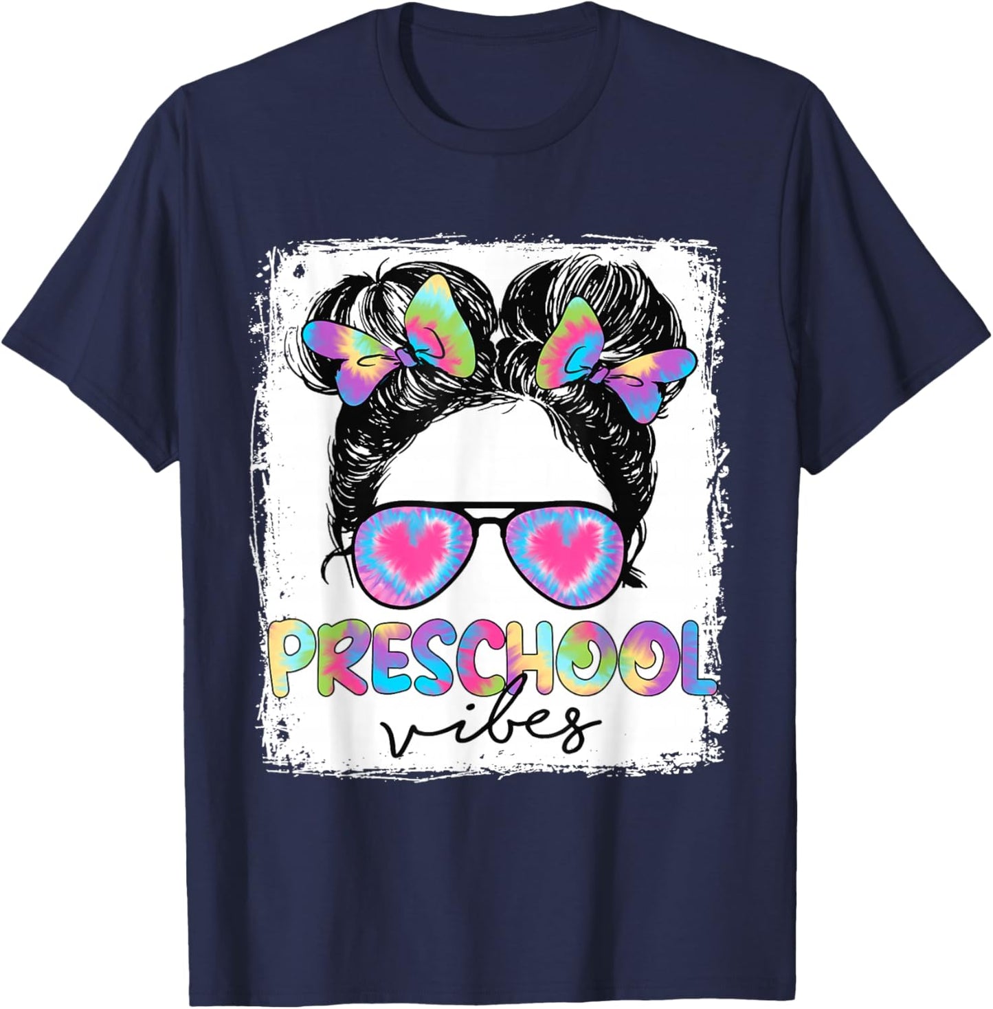 Preschool Vibes Messy Hair Bun Girl Back To School First Day T-Shirt - T-Shirt | Navy