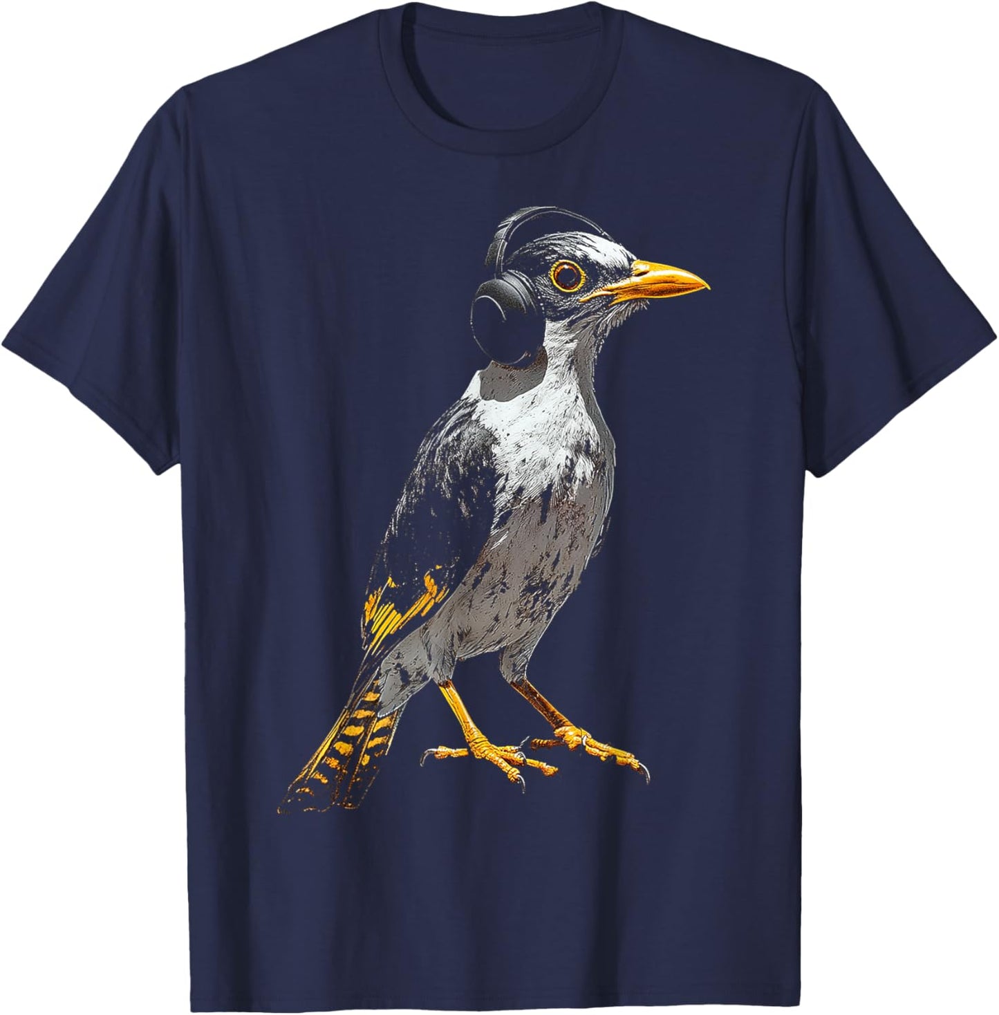 Myna Bird Motif Animal Illustration Music Headphone Myna T-Shirt - T-Shirt | Navy