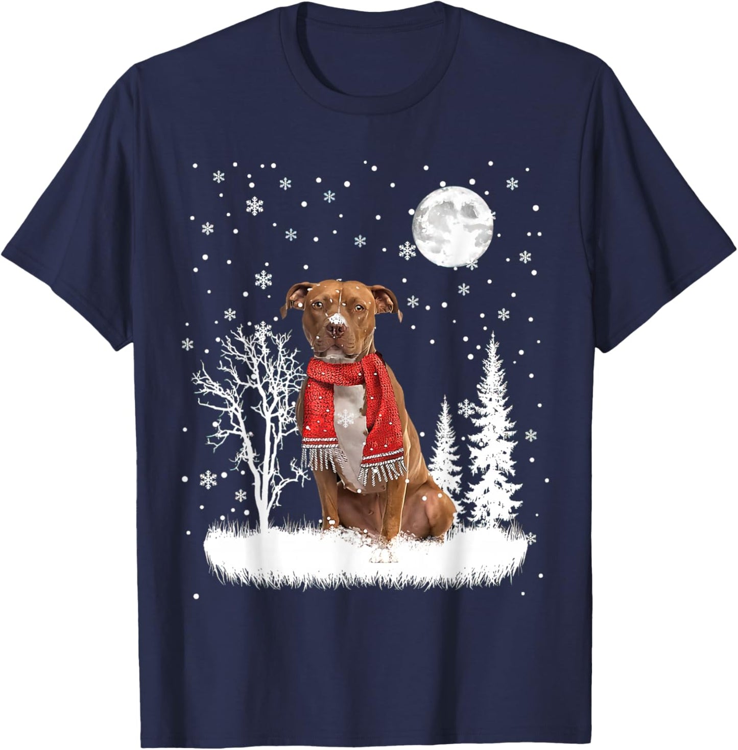 Pitbull Under Moonlight Snow Christmas Pajama T-Shirt - T-Shirt | Navy
