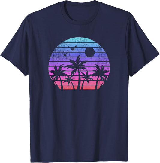 Beach Sunset Palm Trees Retro 80s Eighties Vintage Graphic T-Shirt - T-Shirt | Navy