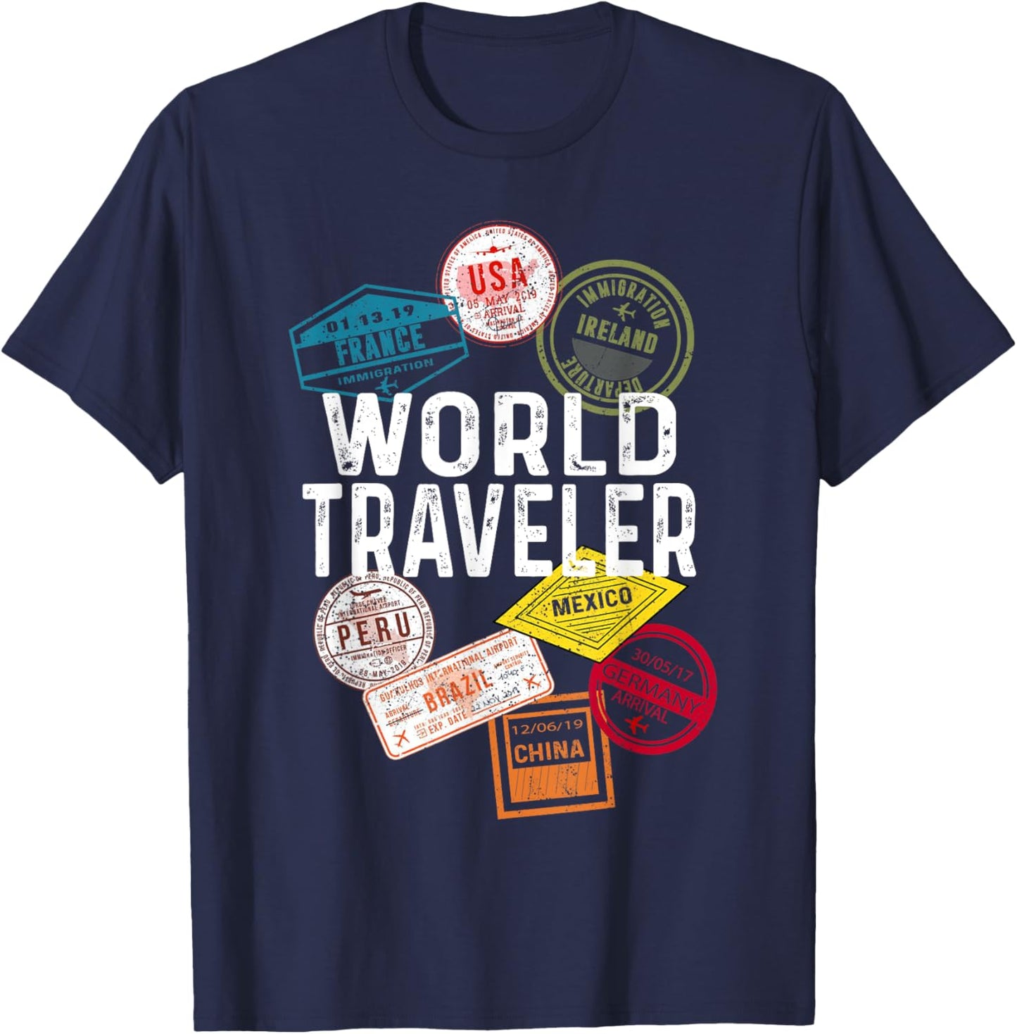 Vintage Distressed World Traveler Passport stamp T-Shirt - T-Shirt | Navy