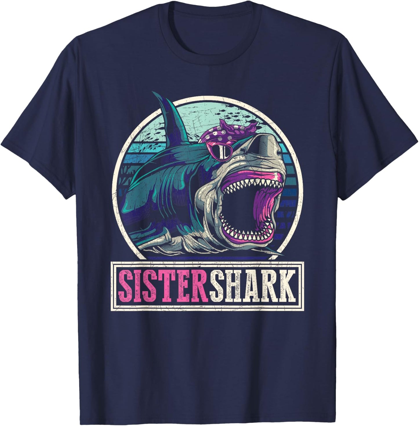 Retro Ocean Animal Family Girls Gift Predator Sister Shark T-Shirt - T-Shirt | Navy