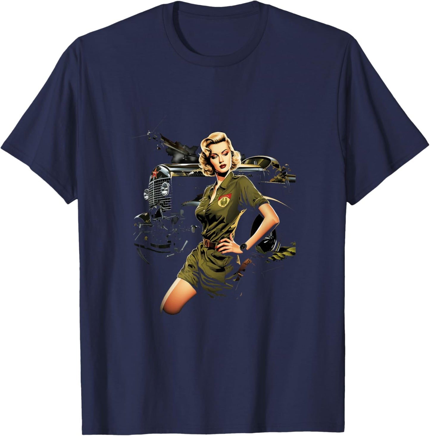 Pinup Girl WW2 Military Vehicle Tank Vintage T-Shirt - T-Shirt | Navy