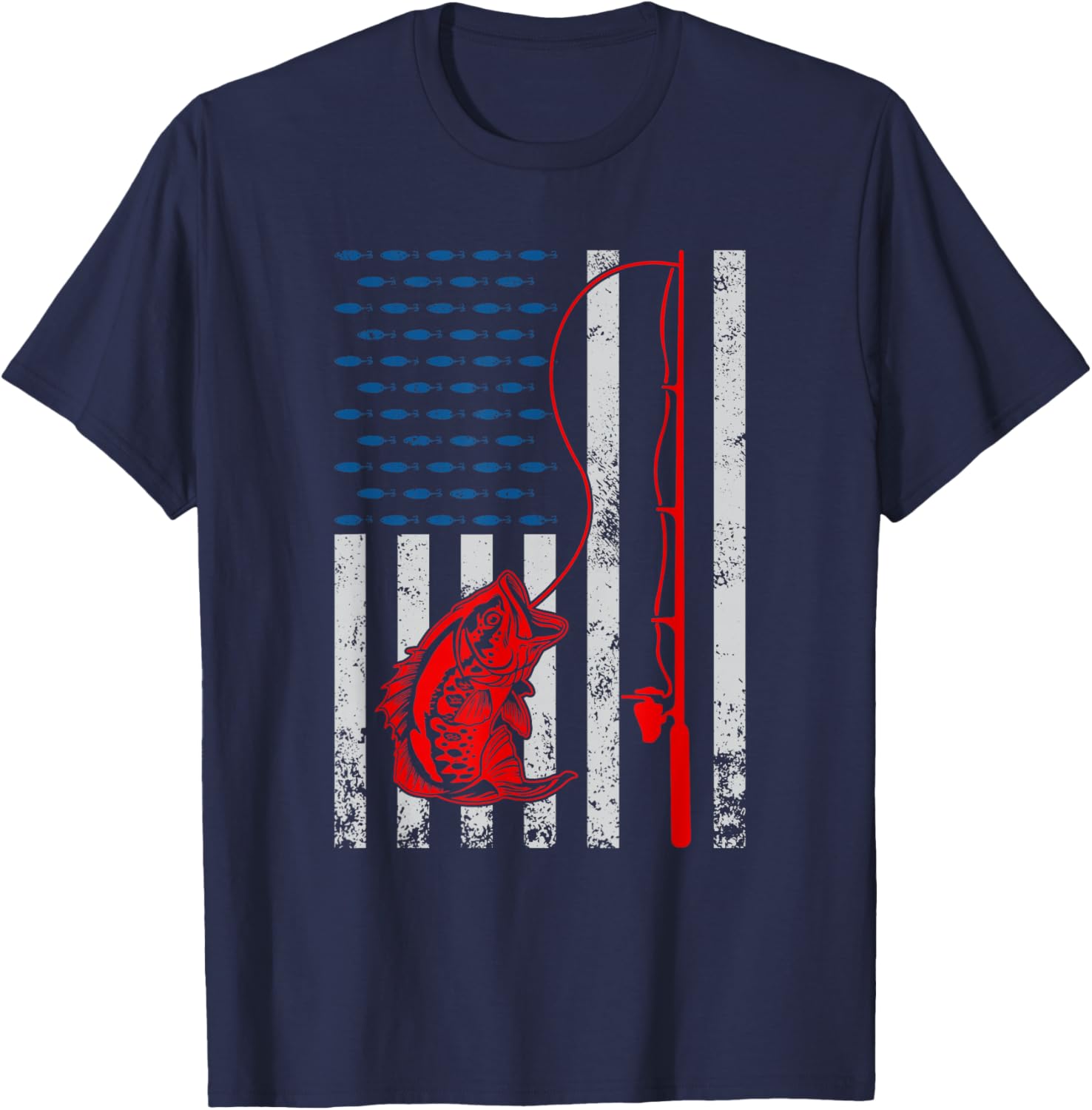 American Flag Fishing Rod Fishing Lover Vintage Fisherman T-Shirt - T-Shirt | Navy