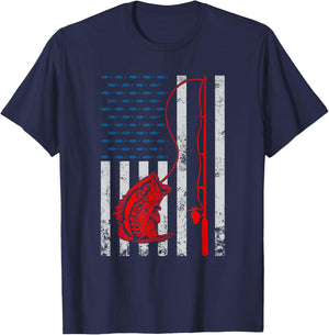 American Flag Fishing Rod Fishing Lover Vintage Fisherman T-Shirt - T-Shirt | Navy